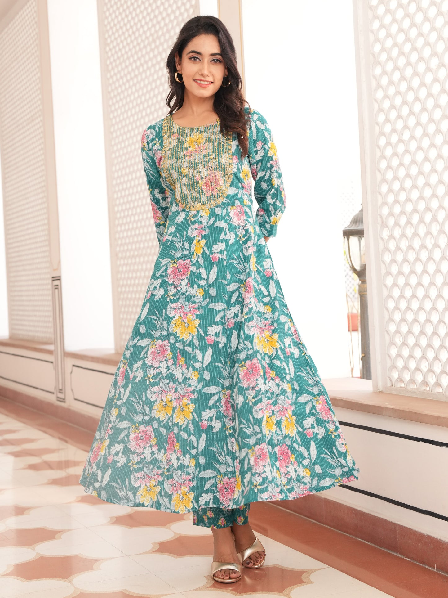 Embroidered Kantha Cotton Floral Anarkali Teal Kurta