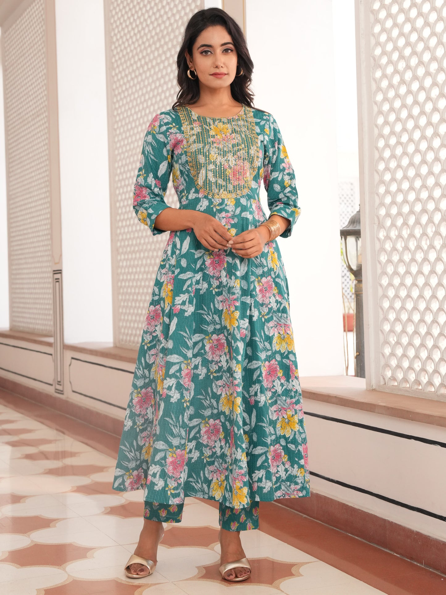 Embroidered Kantha Cotton Floral Anarkali Teal Kurta