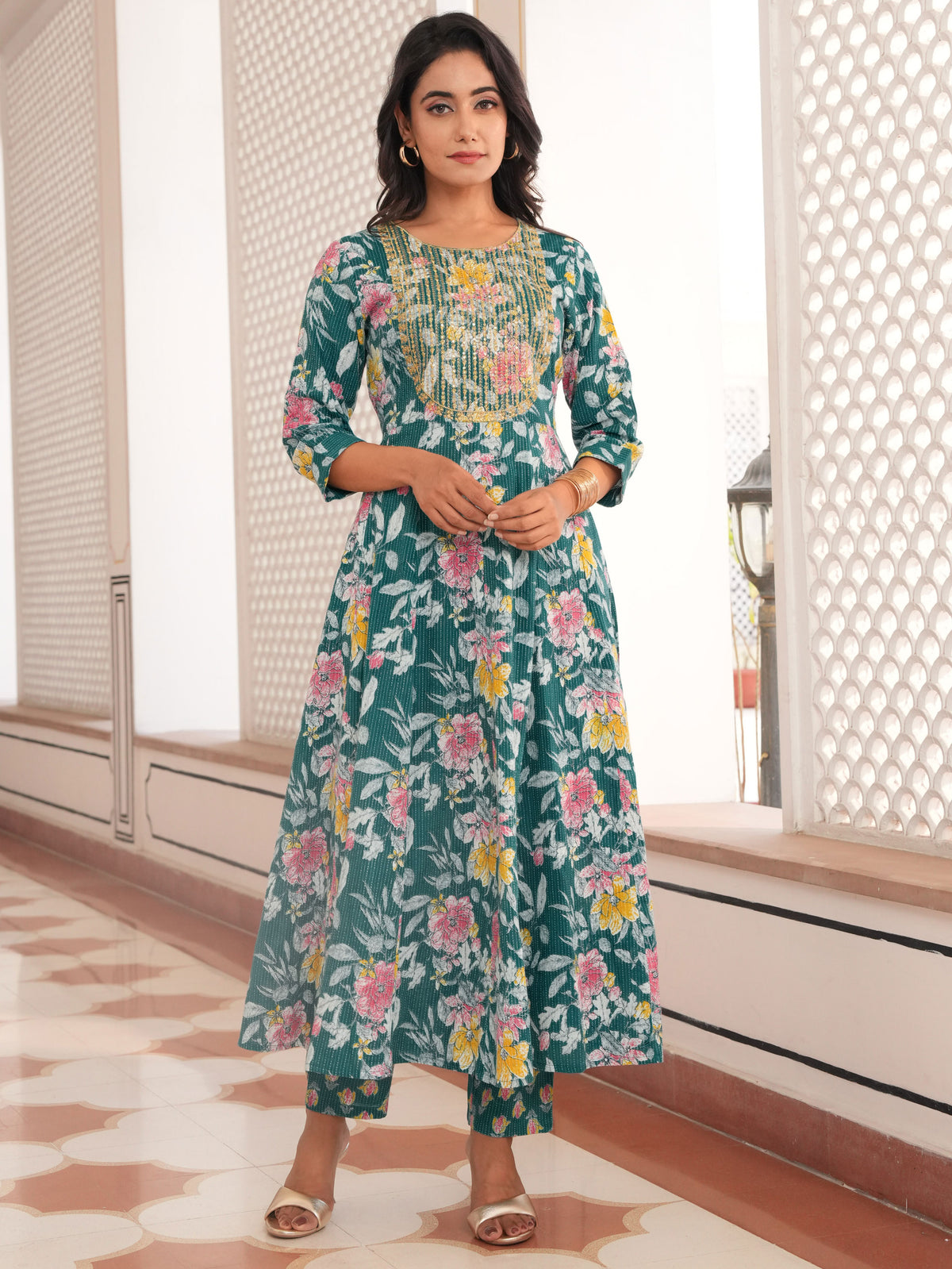 Embroidered Kantha Cotton Floral Anarkali Teal Kurta
