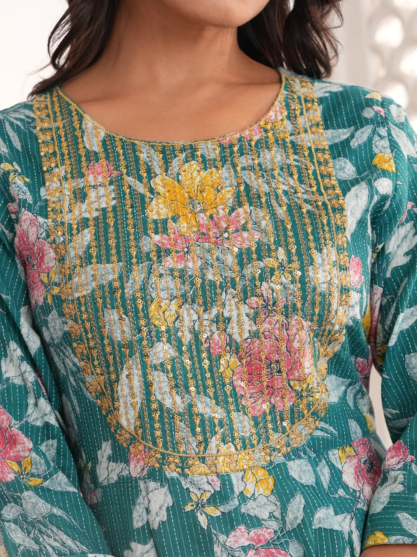 Embroidered Kantha Cotton Floral Anarkali Teal Kurta