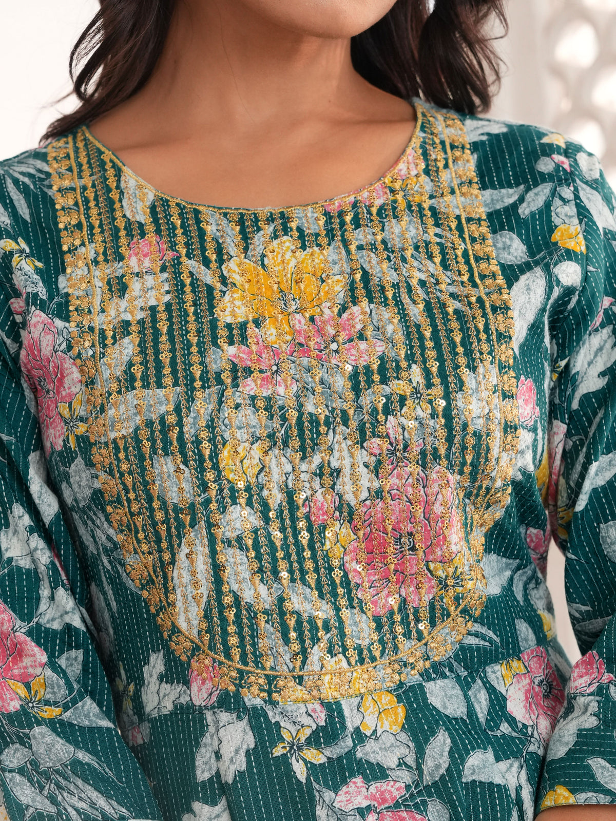 Embroidered Kantha Cotton Floral Anarkali Teal Kurta