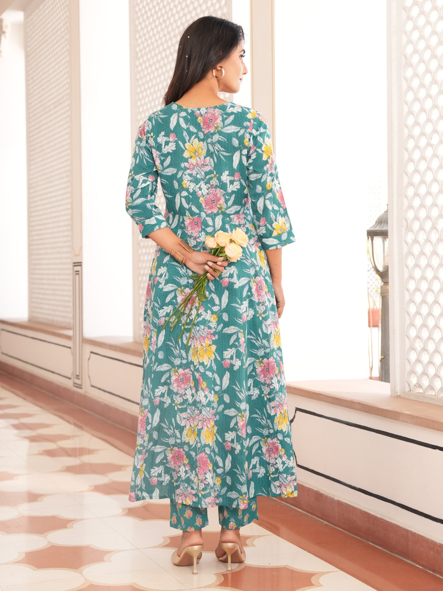 Embroidered Kantha Cotton Floral Anarkali Teal Kurta