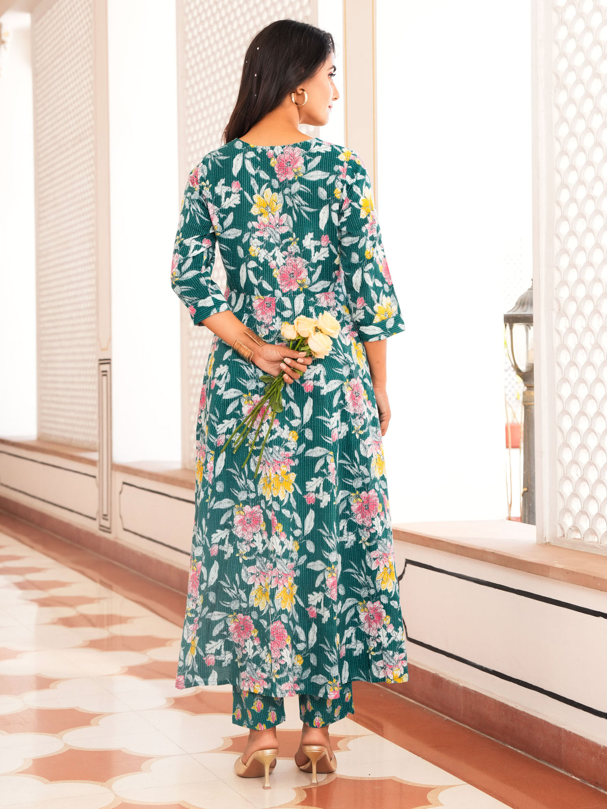 Embroidered Kantha Cotton Floral Anarkali Teal Kurta