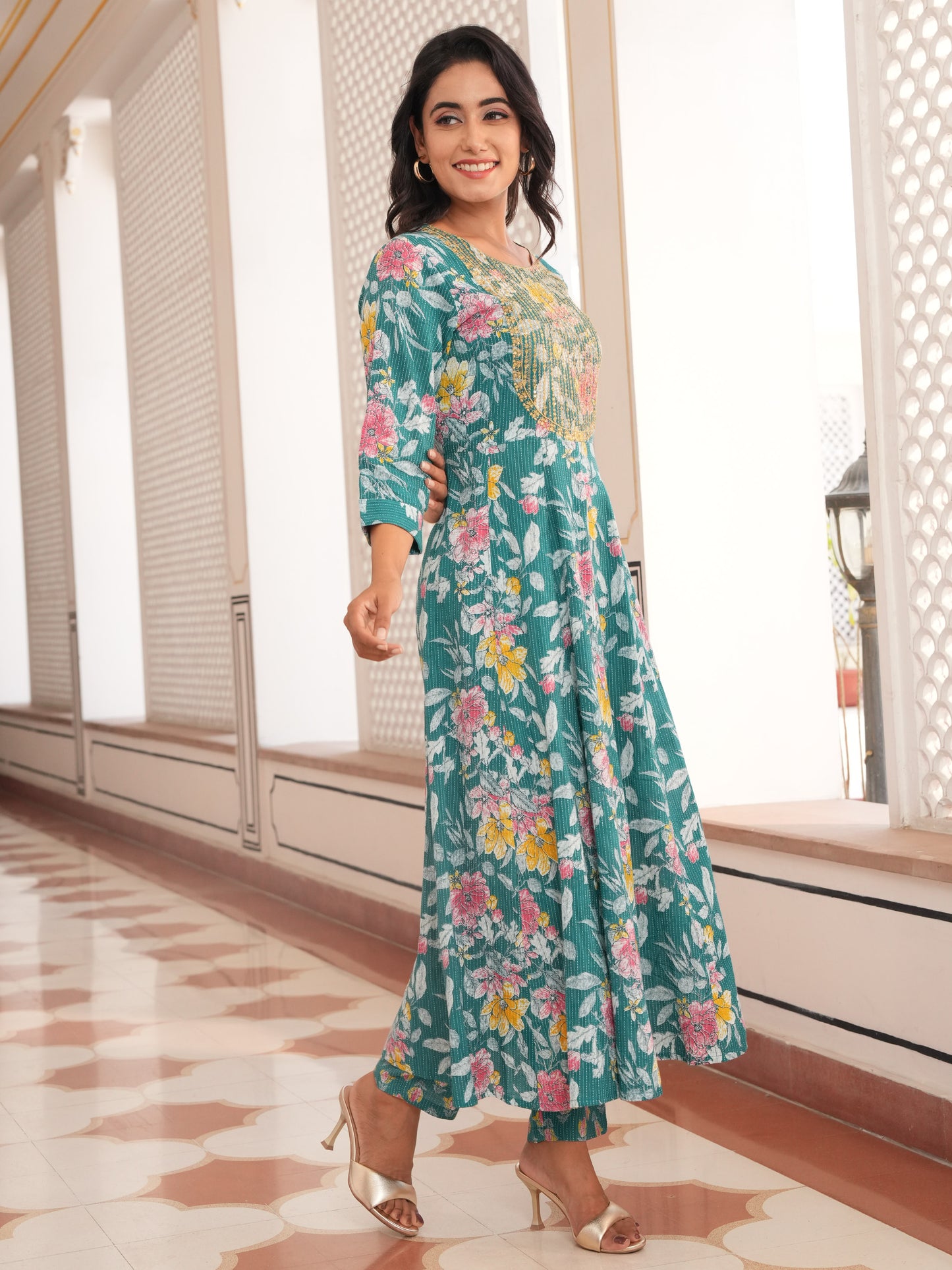 Embroidered Kantha Cotton Floral Anarkali Teal Kurta