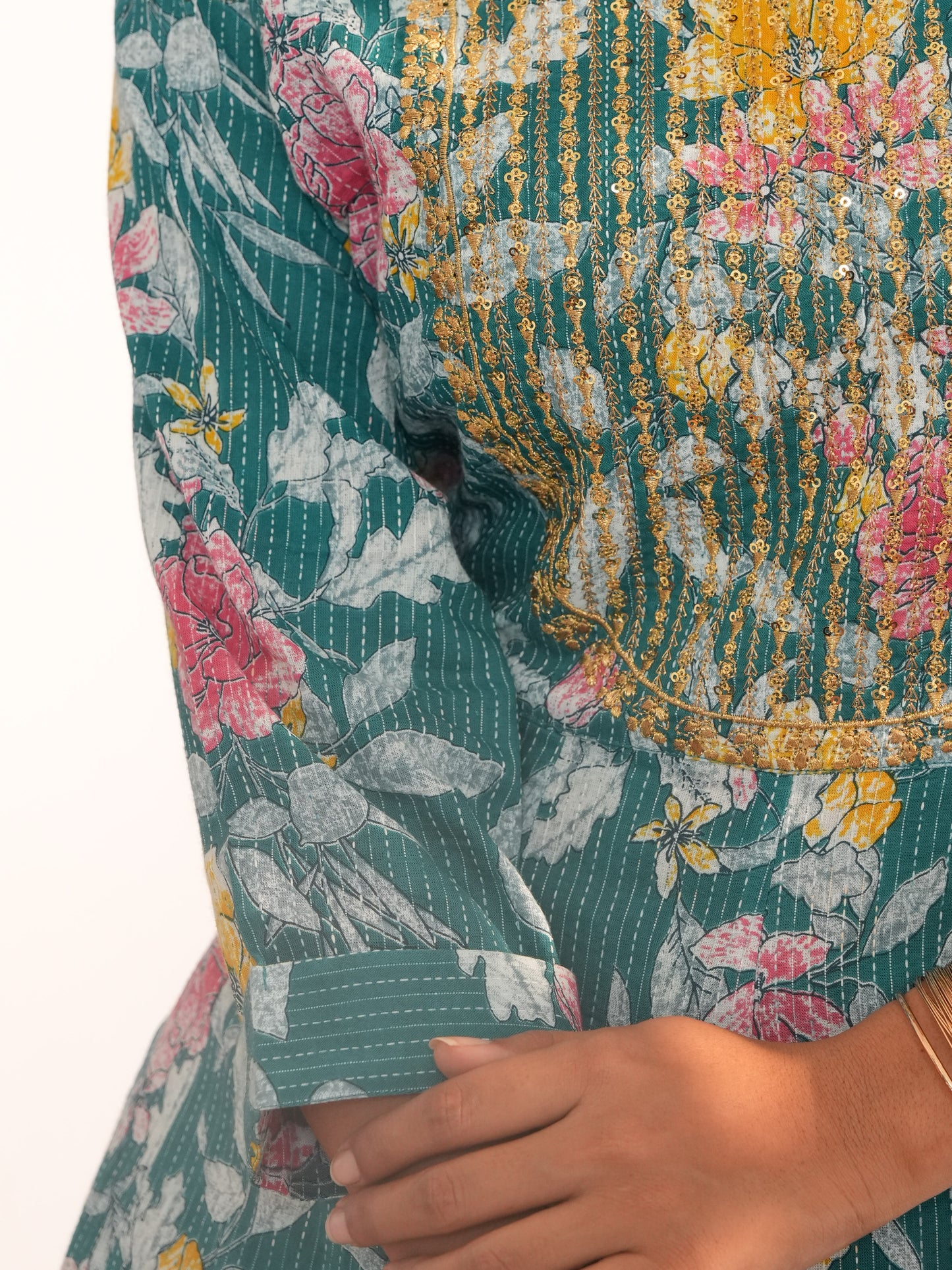 Embroidered Kantha Cotton Floral Anarkali Teal Kurta