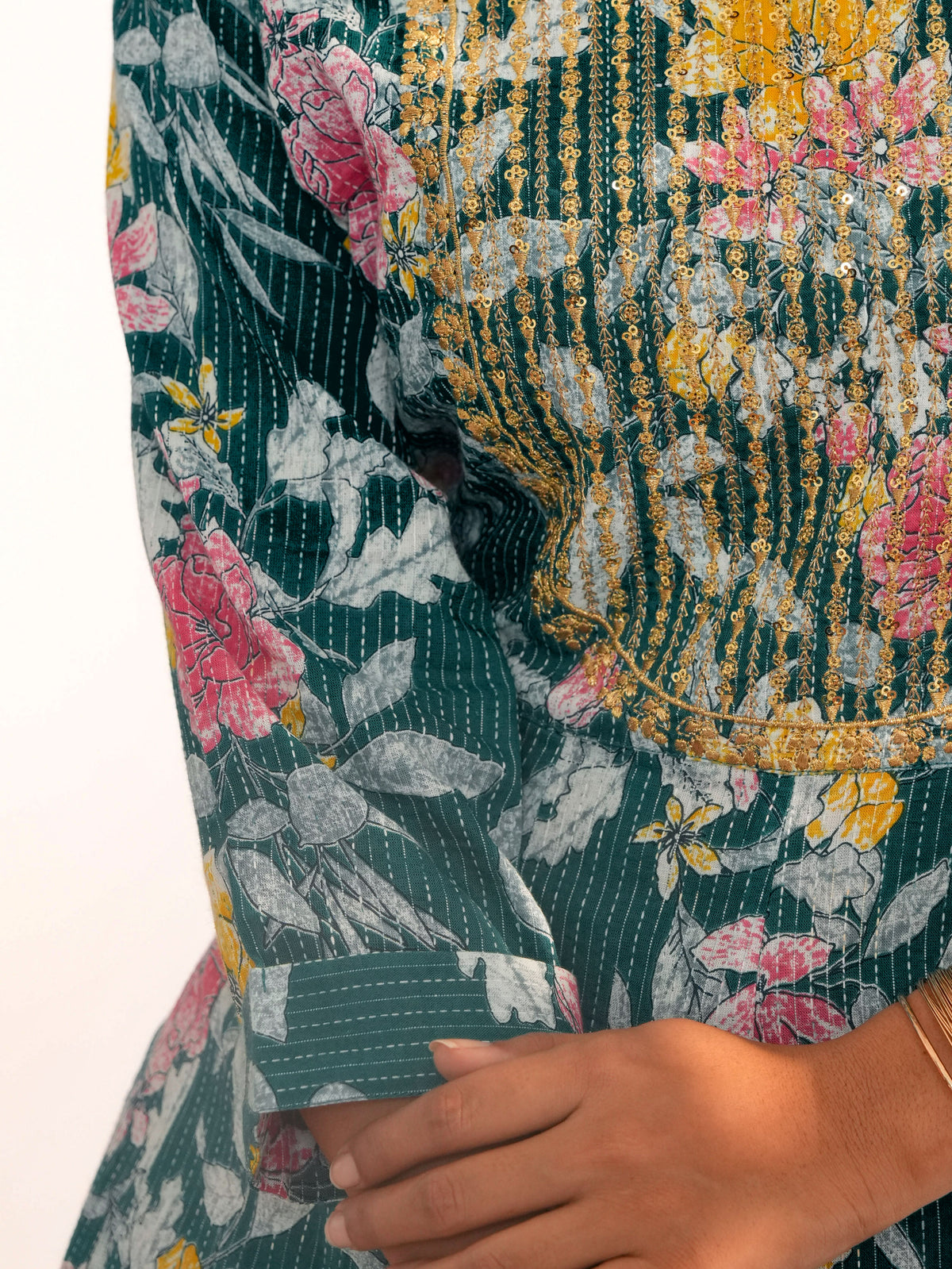 Embroidered Kantha Cotton Floral Anarkali Teal Kurta