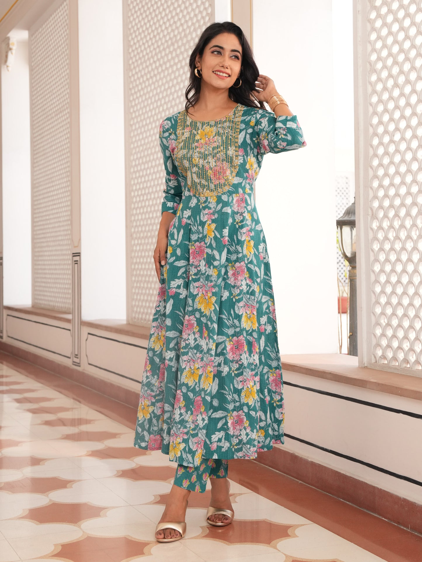 Embroidered Kantha Cotton Floral Anarkali Teal Kurta