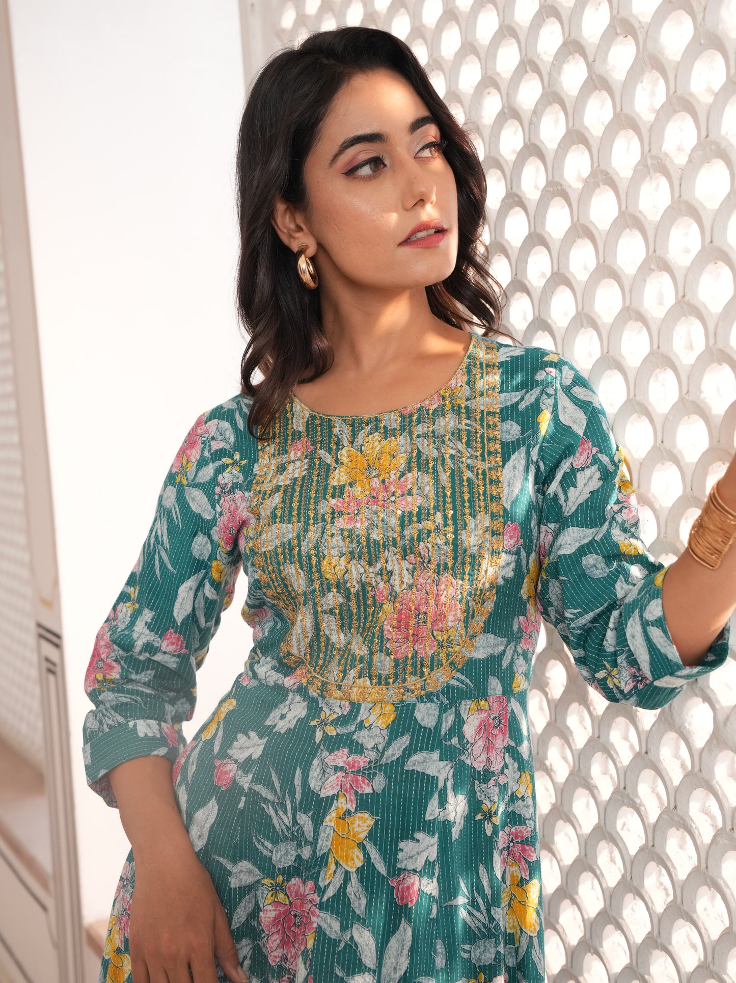 Embroidered Kantha Cotton Floral Anarkali Teal Kurta