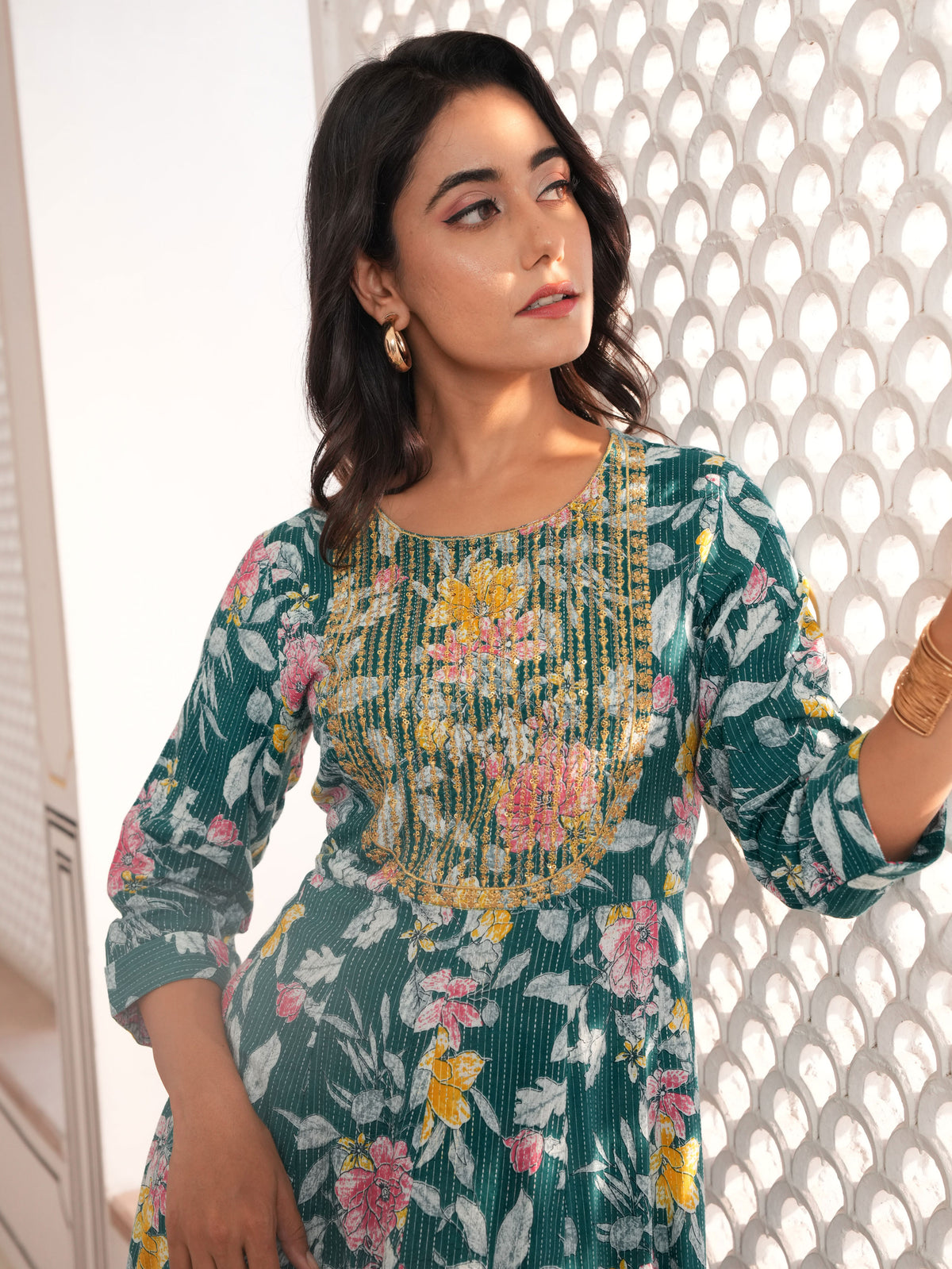 Embroidered Kantha Cotton Floral Anarkali Teal Kurta