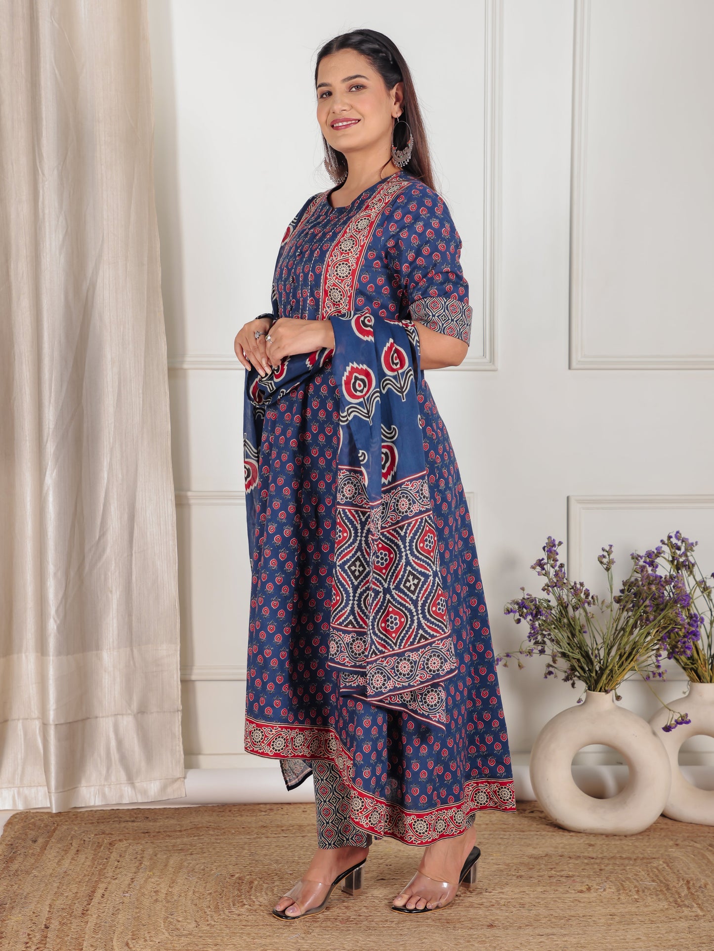Soft Cotton Ajrakh High Low Blue Kurta