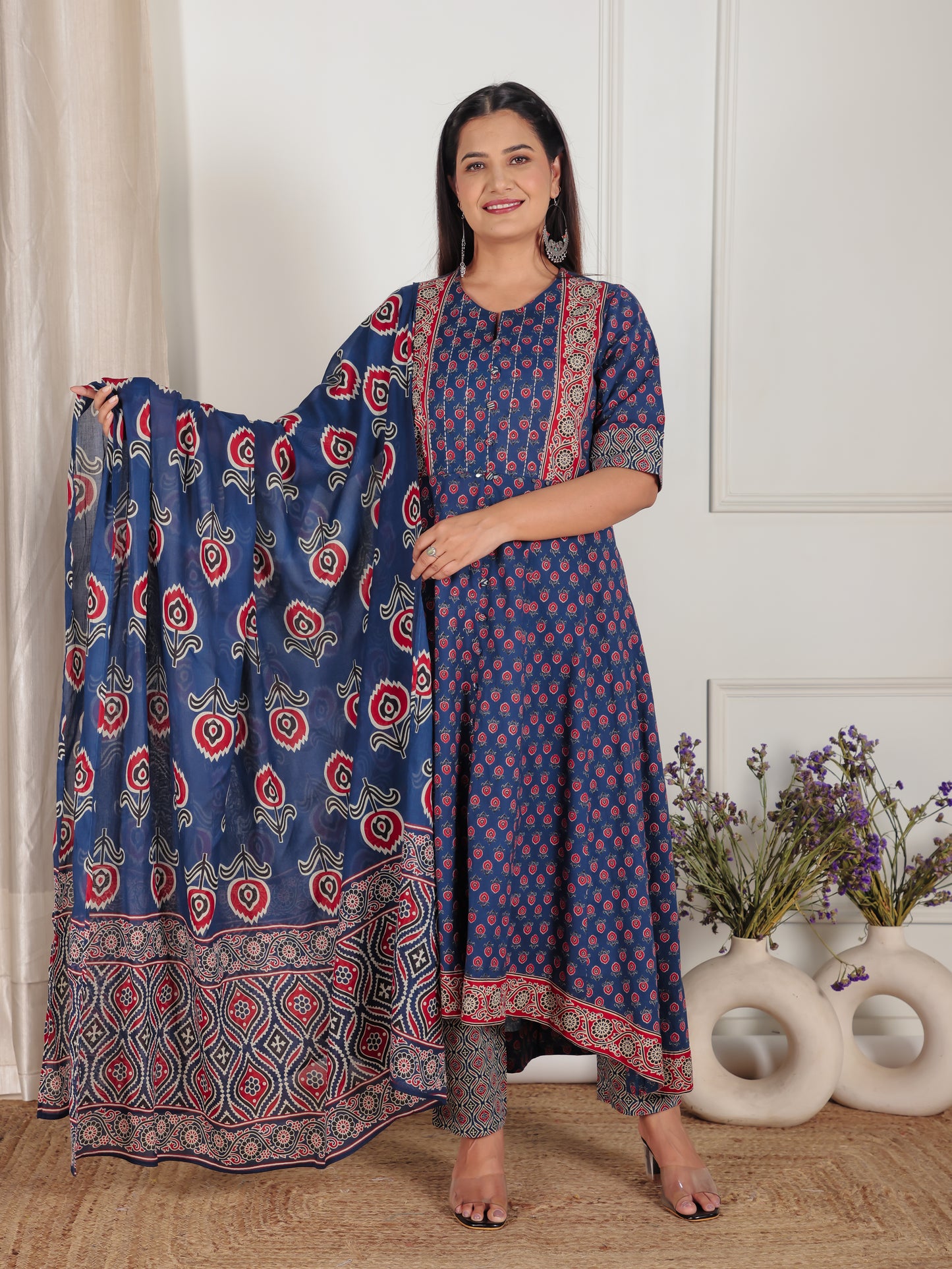 Soft Cotton Ajrakh High Low Blue Kurta