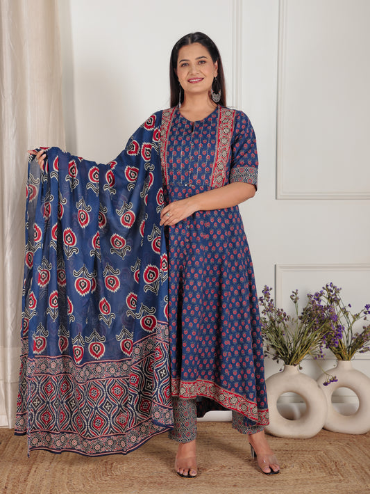 Soft Cotton Ajrakh High Low Blue Kurta