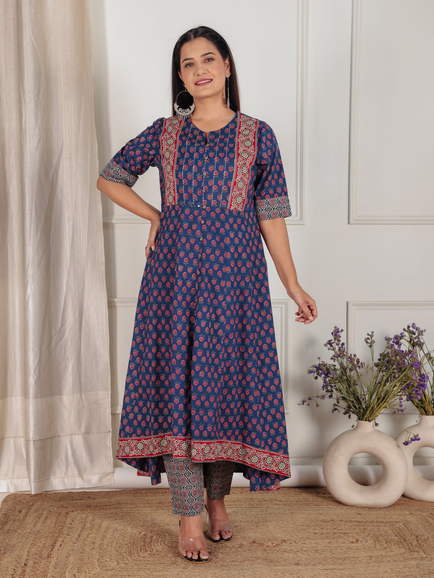Soft Cotton Ajrakh High Low Blue Kurta