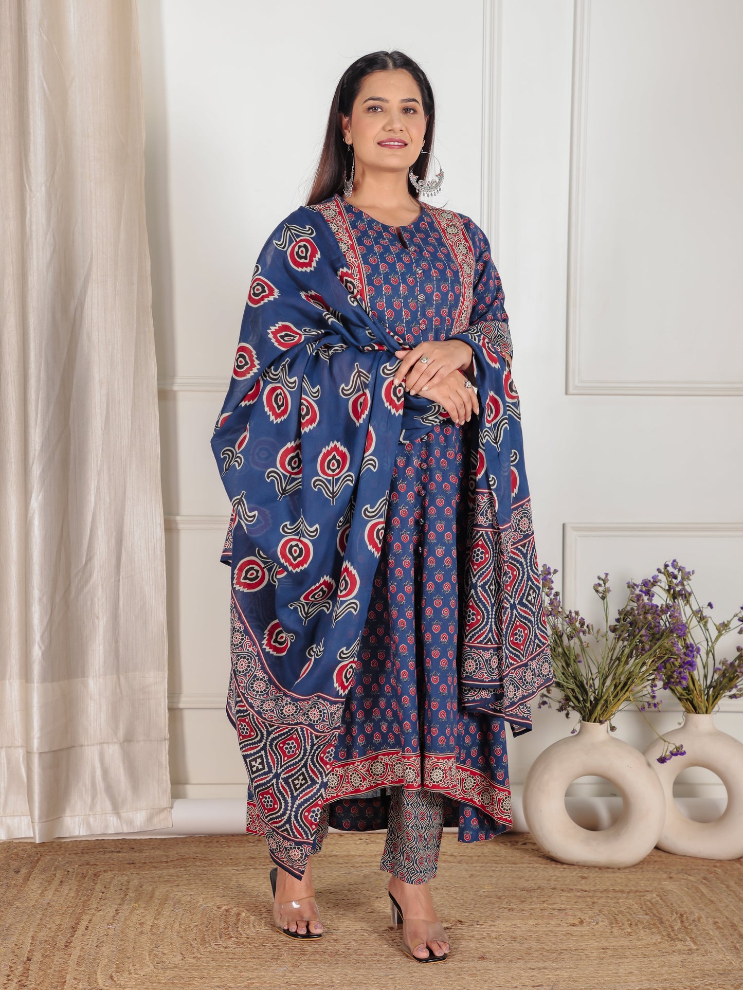Soft Cotton Ajrakh High Low Blue Kurta