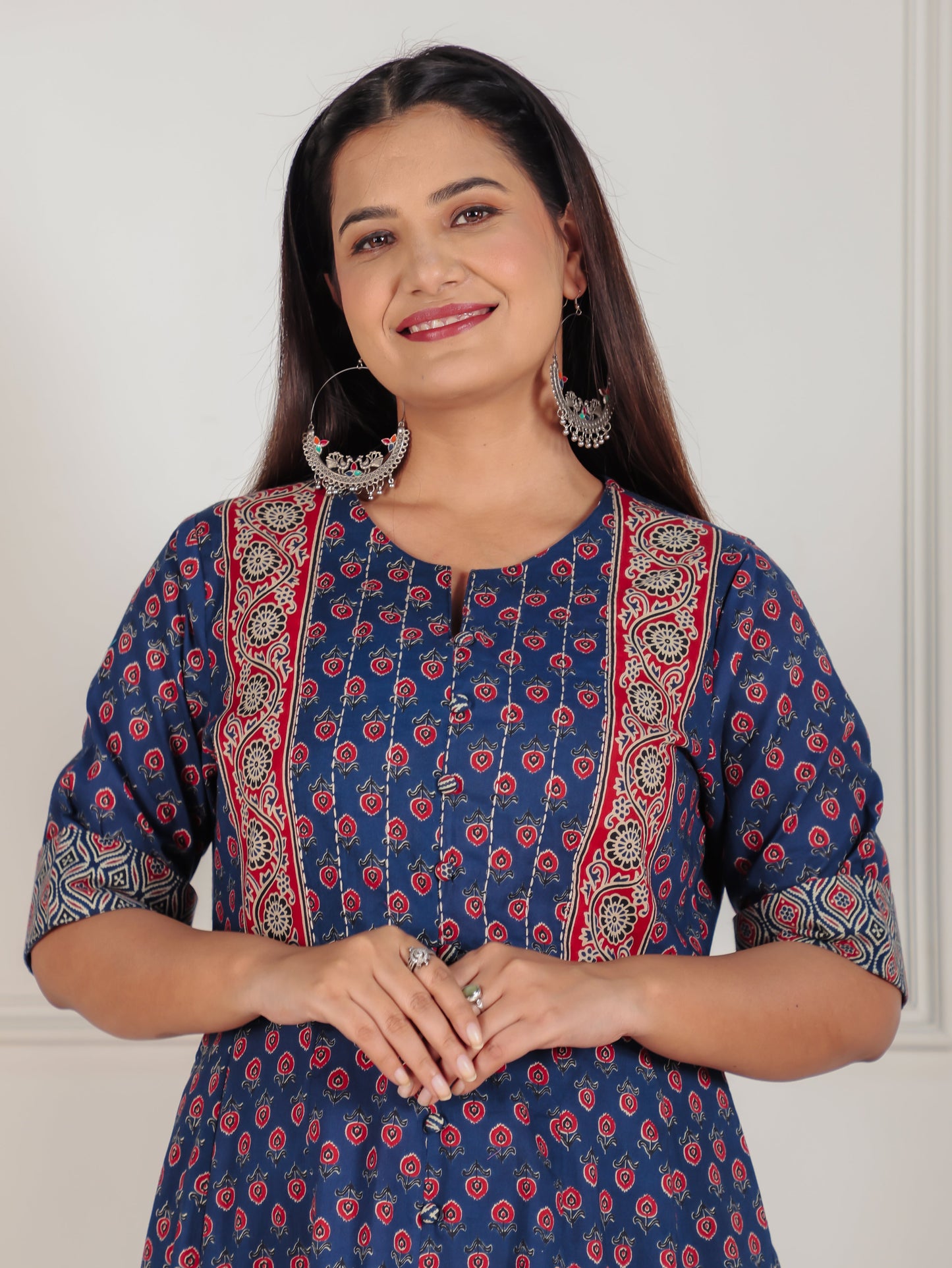 Soft Cotton Ajrakh High Low Blue Kurta