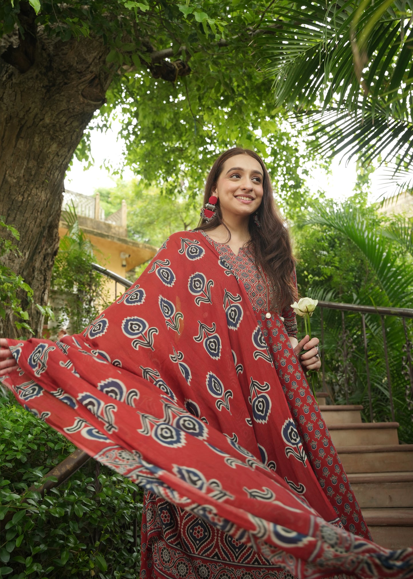 Soft Cotton Ajrakh Anarkali Red Kurta