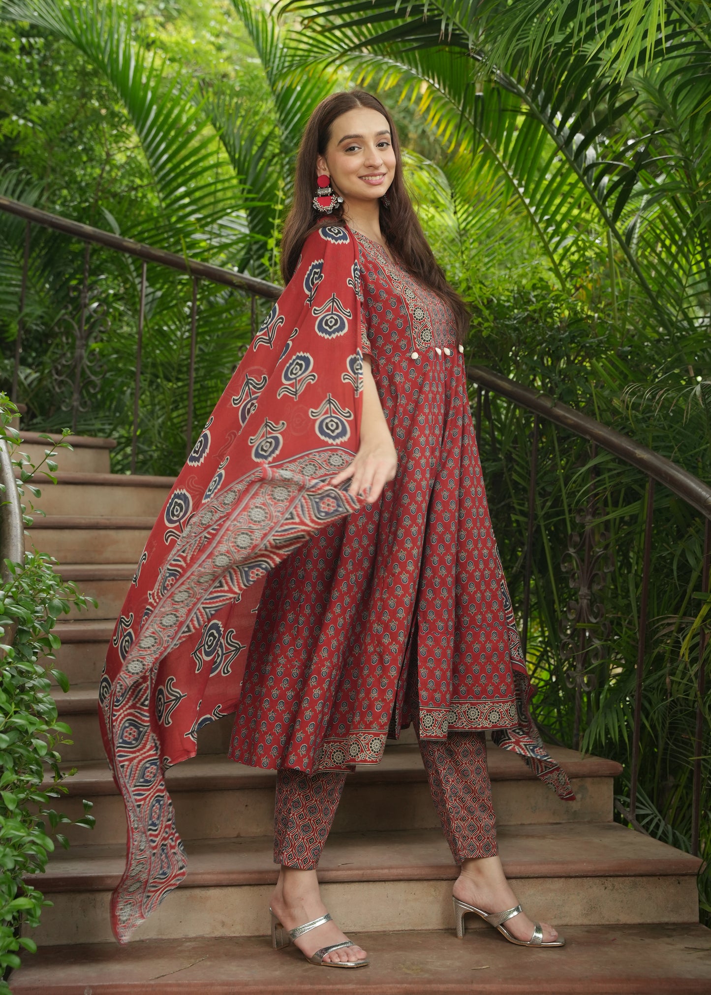 Soft Cotton Ajrakh Anarkali Red Kurta