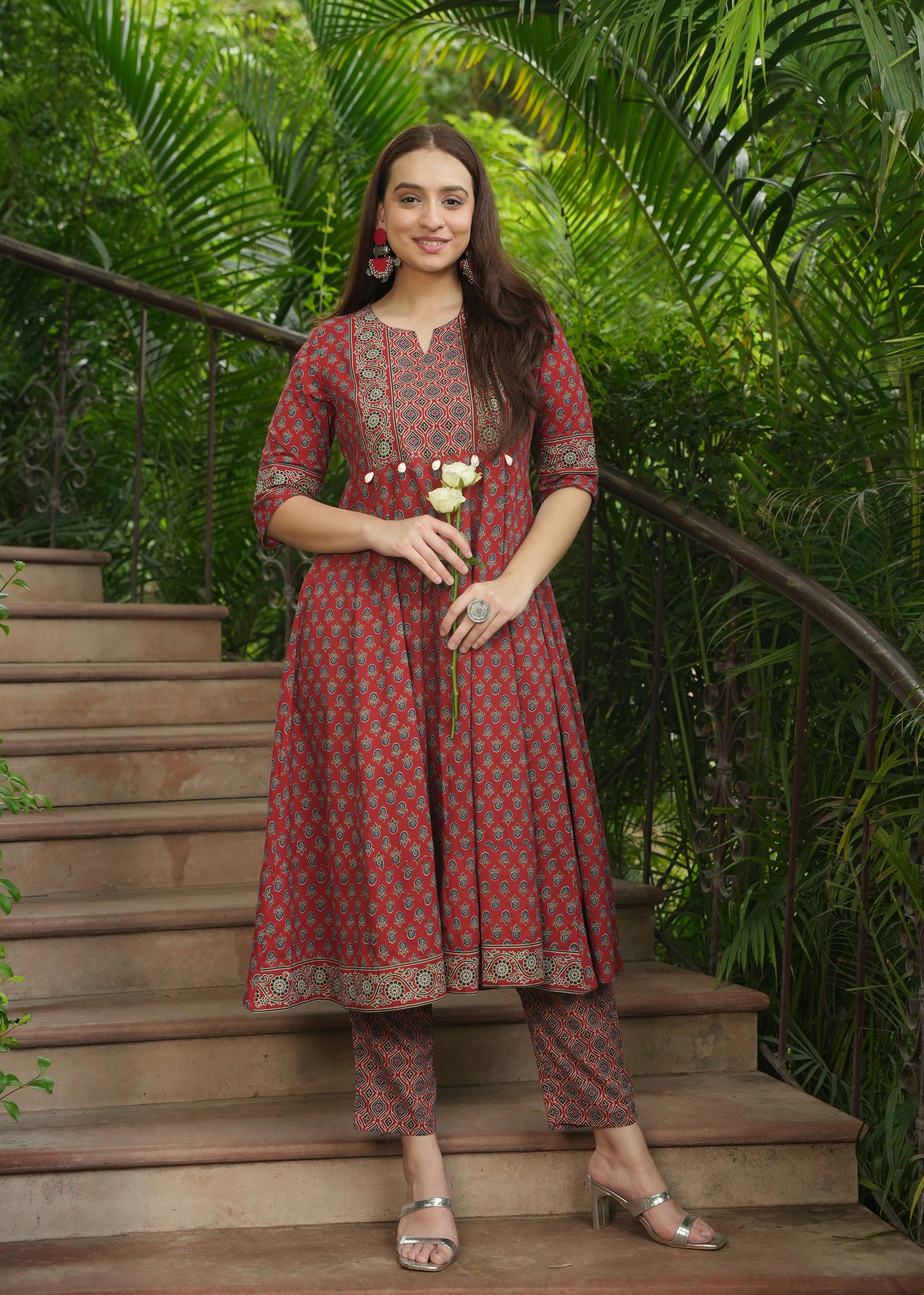 Soft Cotton Ajrakh Anarkali Red Kurta