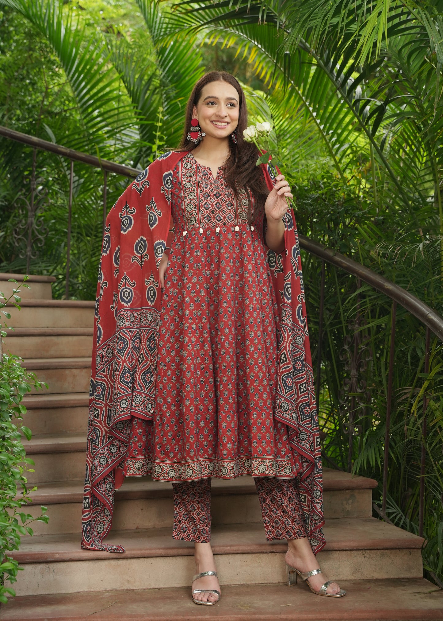 Soft Cotton Ajrakh Anarkali Red Kurta