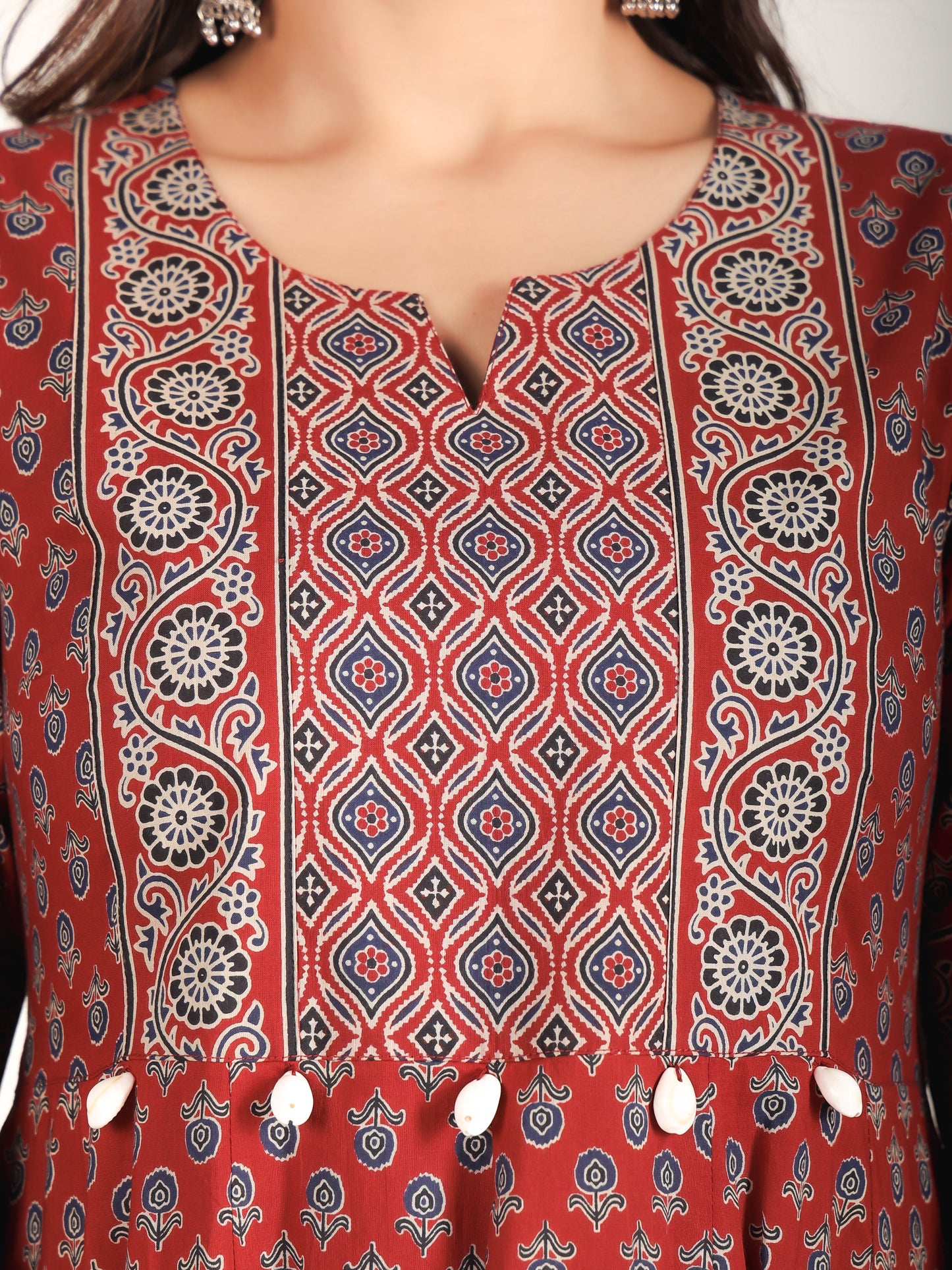 Soft Cotton Ajrakh Anarkali Red Kurta