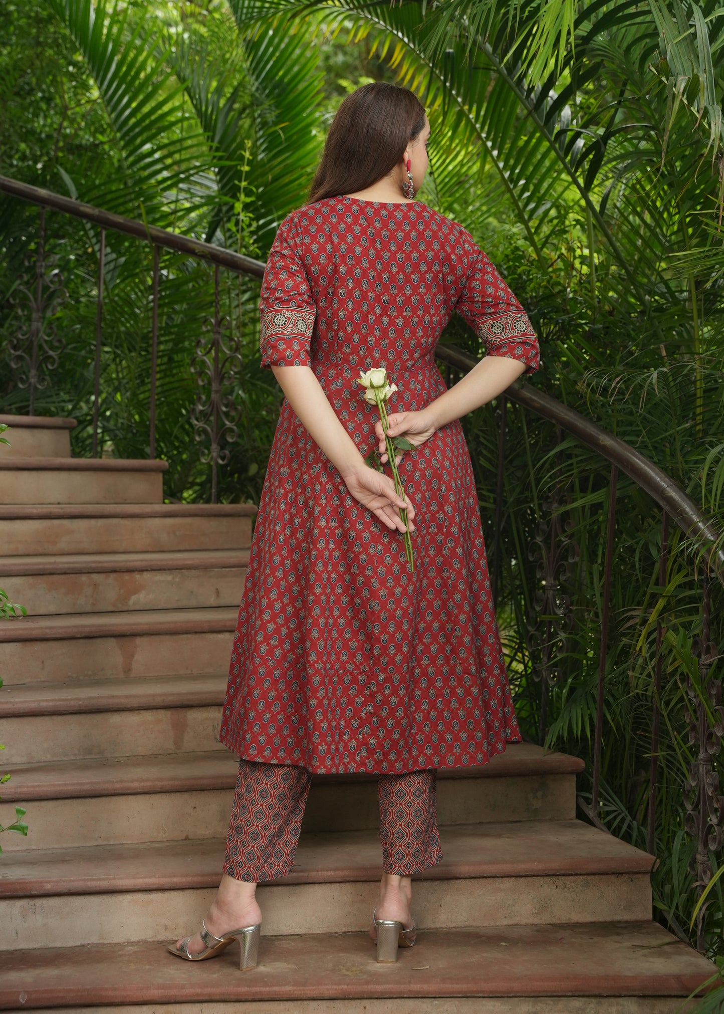 Soft Cotton Ajrakh Anarkali Red Kurta