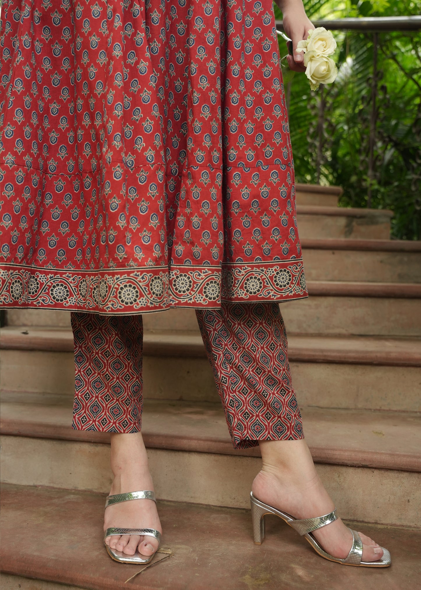 Soft Cotton Ajrakh Anarkali Red Kurta