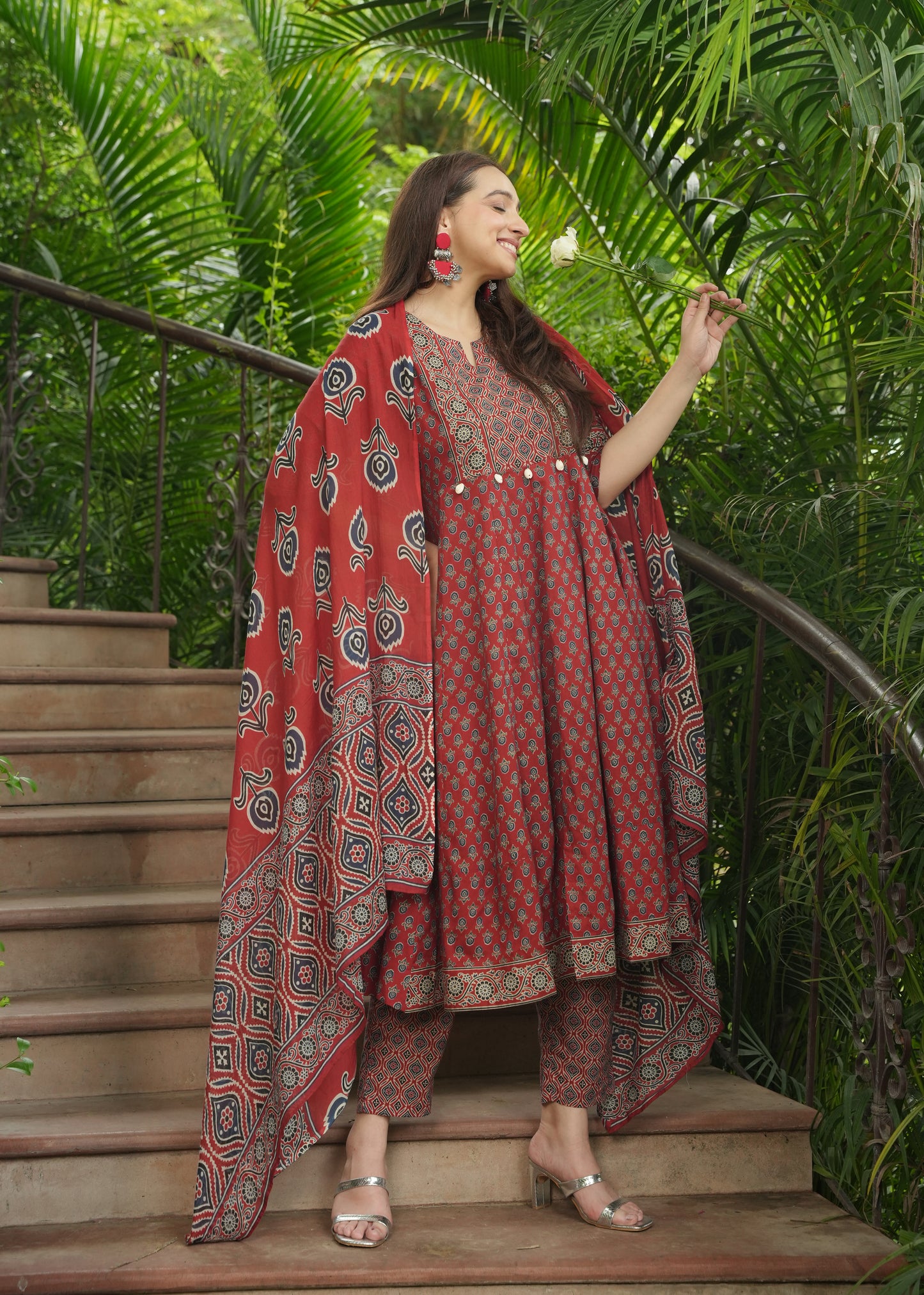 Soft Cotton Ajrakh Anarkali Red Kurta