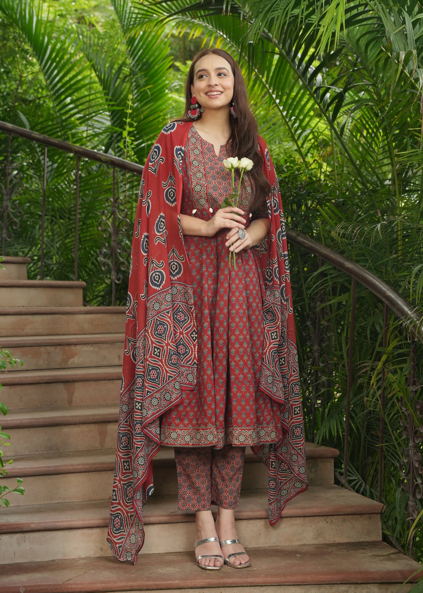 Soft Cotton Ajrakh Anarkali Red Kurta