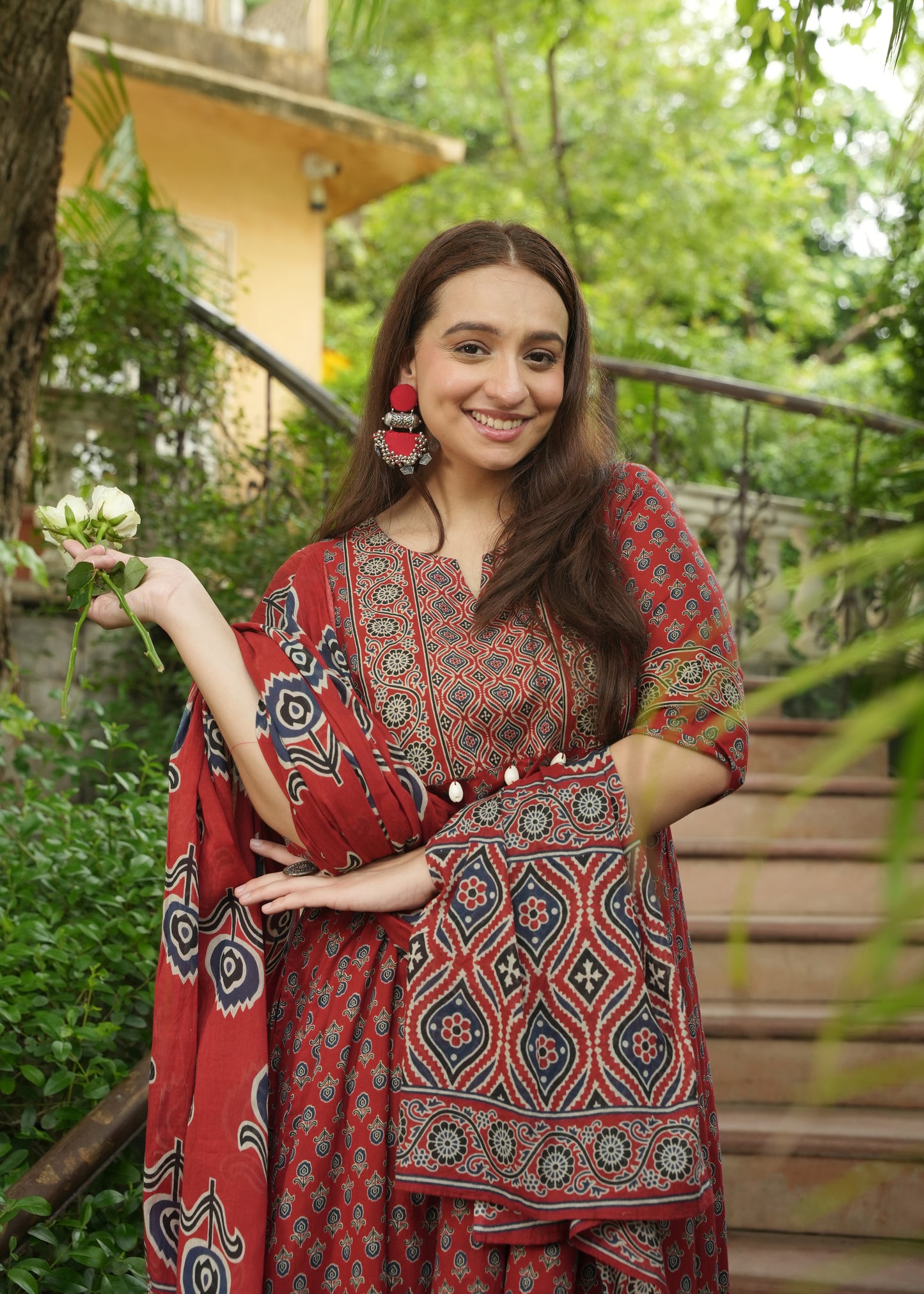Soft Cotton Ajrakh Anarkali Red Kurta