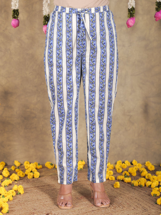 Soft Cotton Striped Cream Tapered Trousers