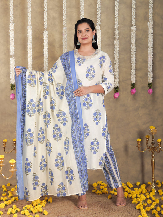 Cotton Voile Floral Cream Dupatta