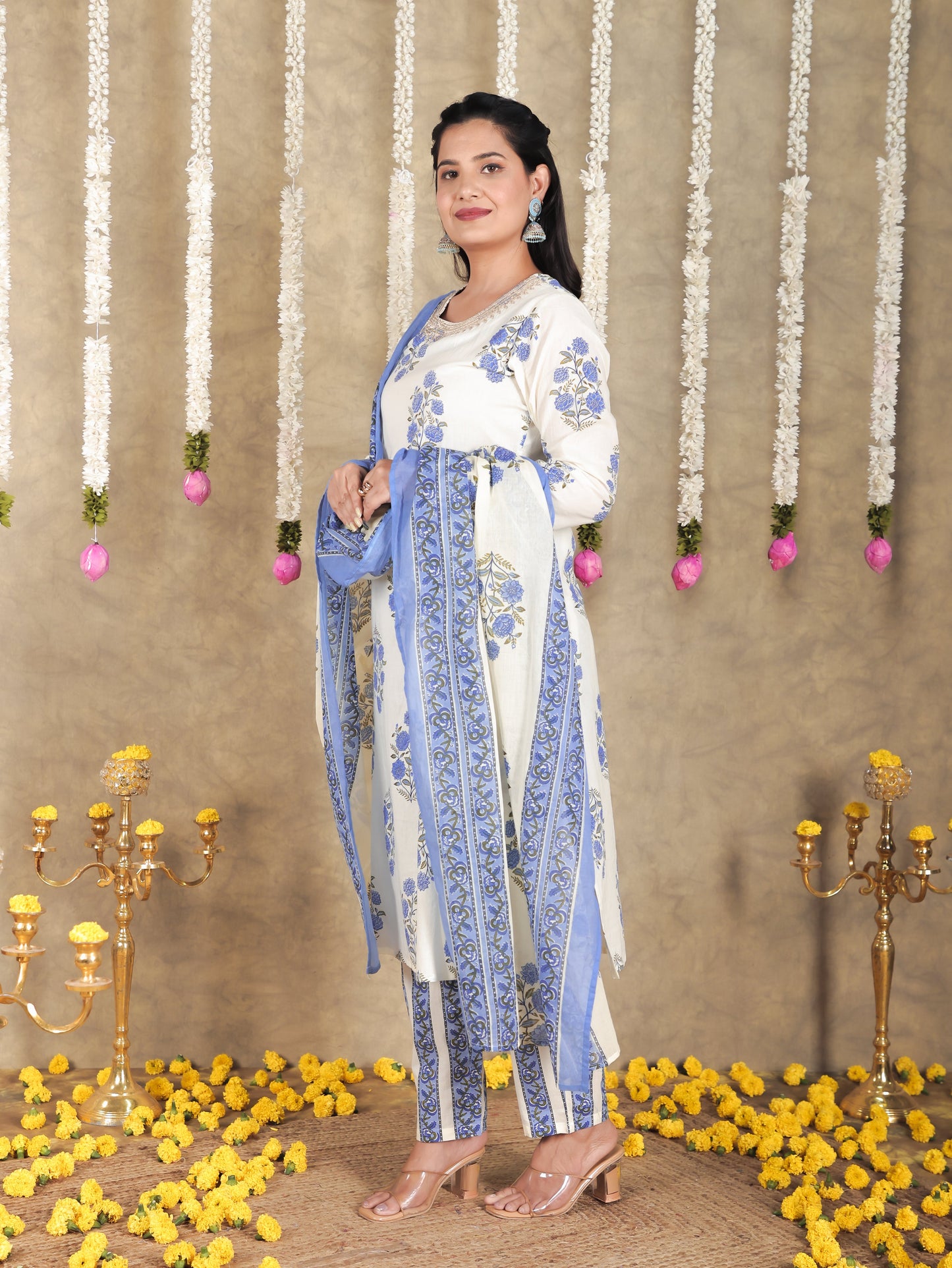 Cotton Voile Floral Cream Dupatta