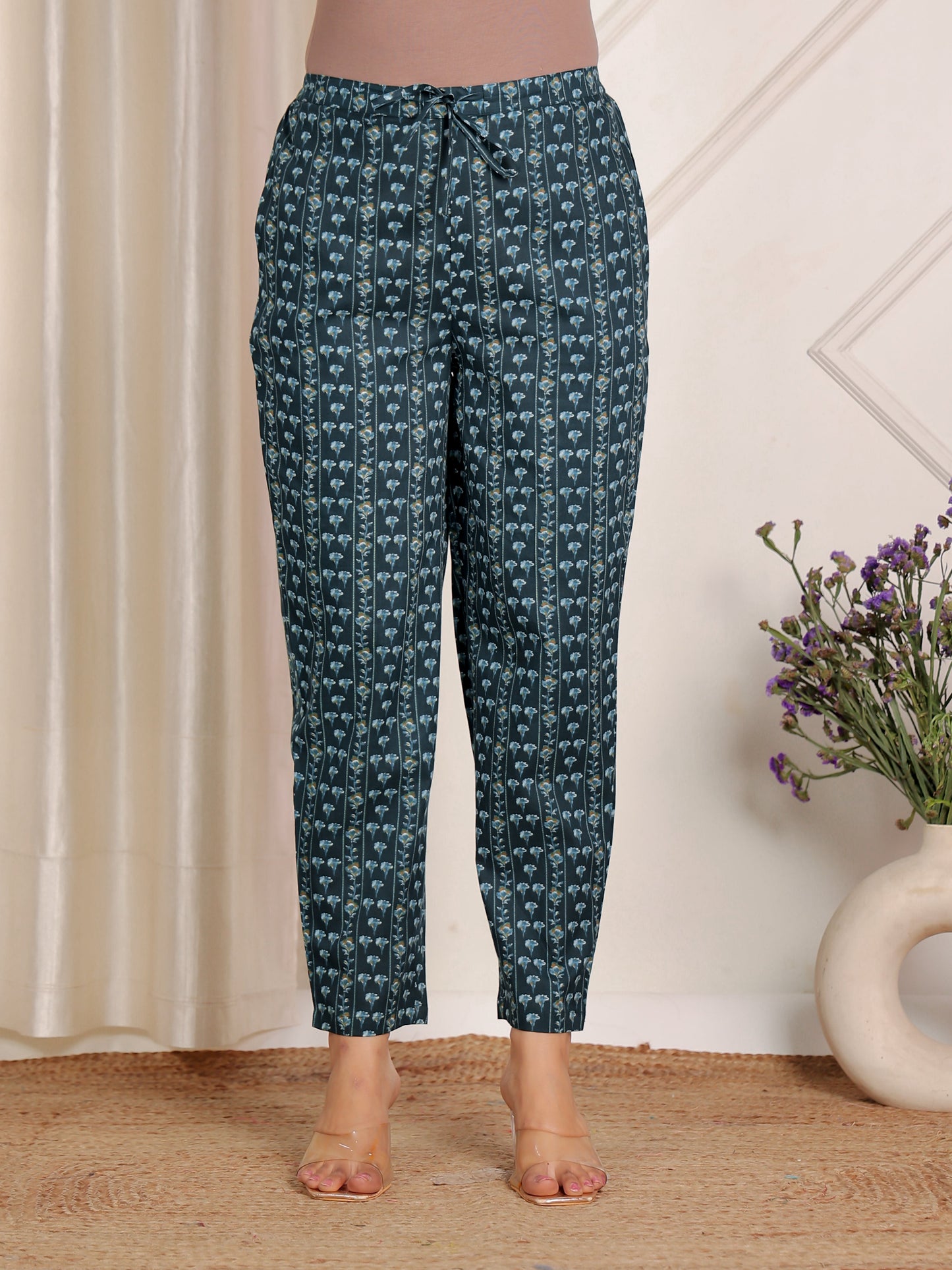 Soft Cotton Floral Teal Tapered Trousers