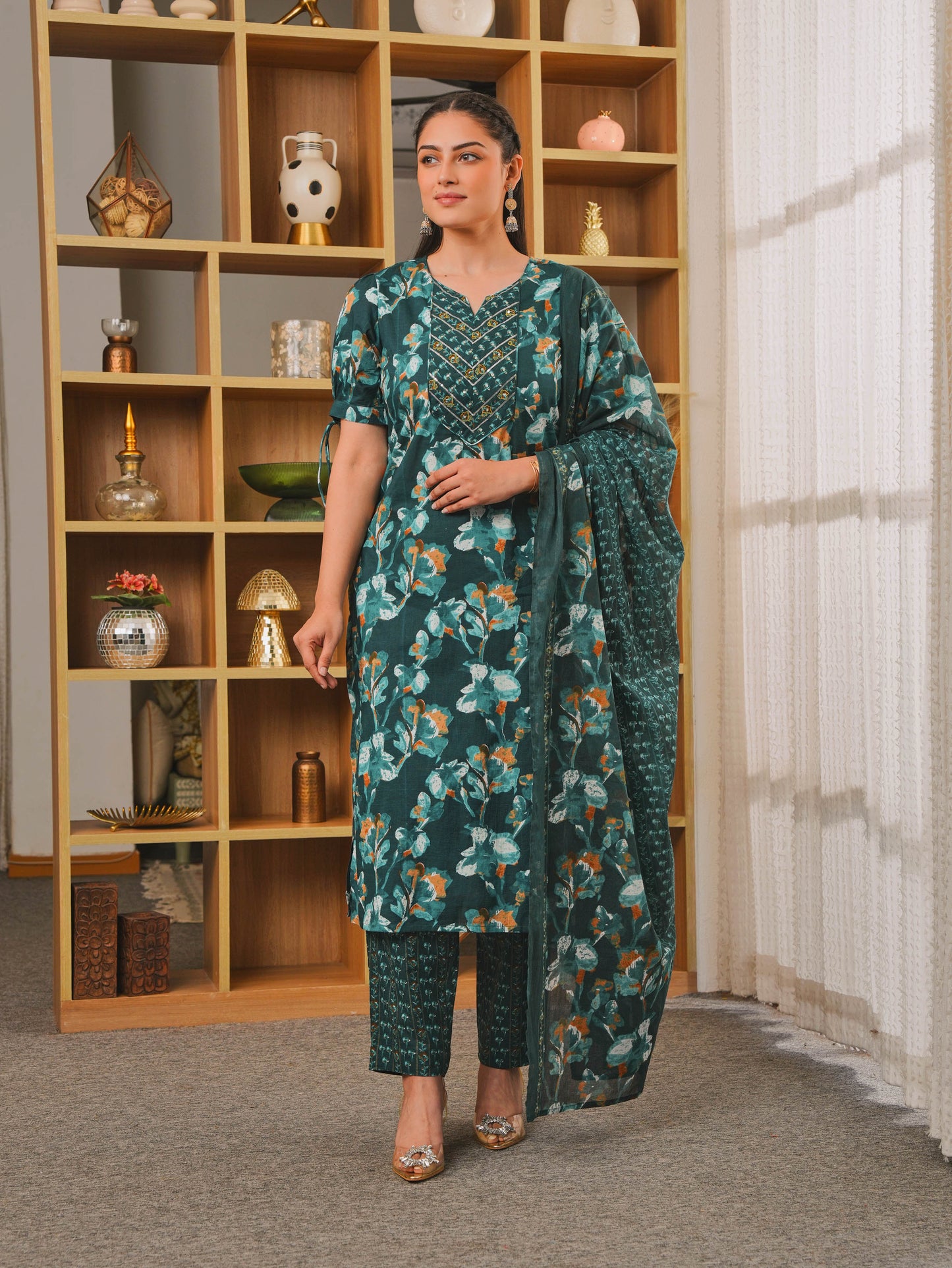 Cotton Voile Floral Teal Dupatta
