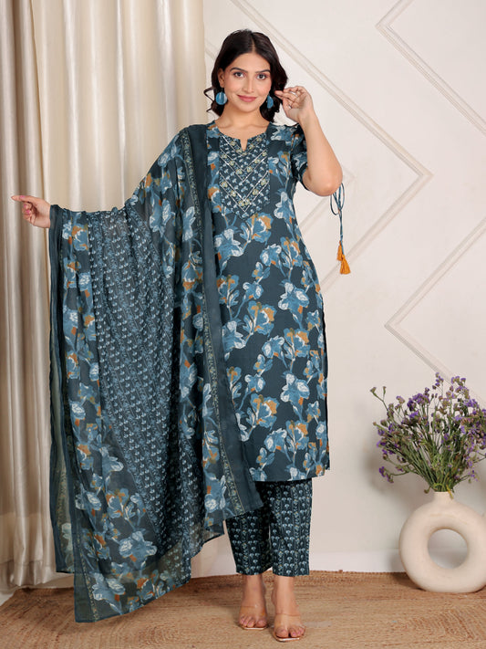 Cotton Voile Floral Teal Dupatta