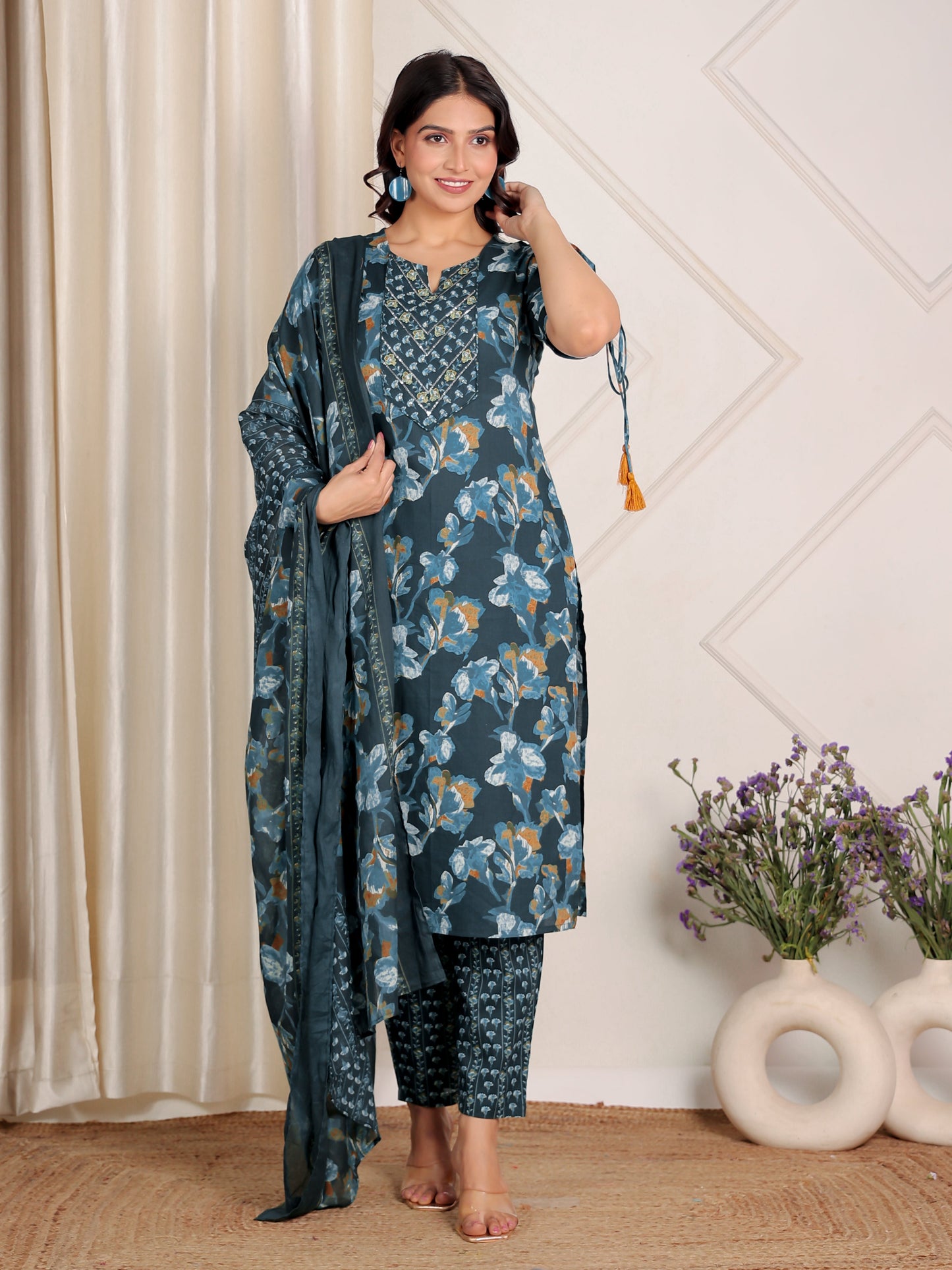 Cotton Voile Floral Teal Dupatta
