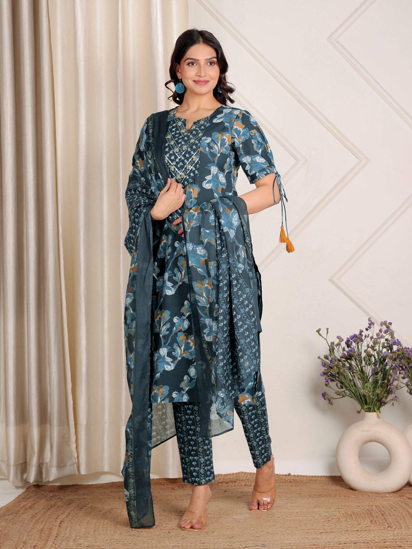 Cotton Voile Floral Teal Dupatta