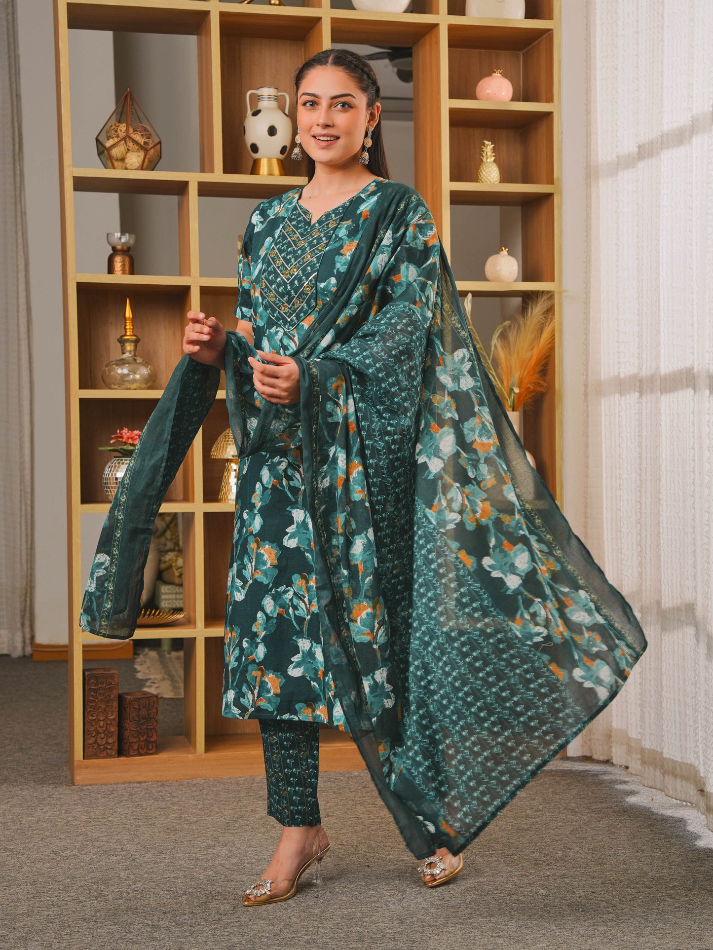 Embroidered Soft Cotton Floral Straight Teal Kurta