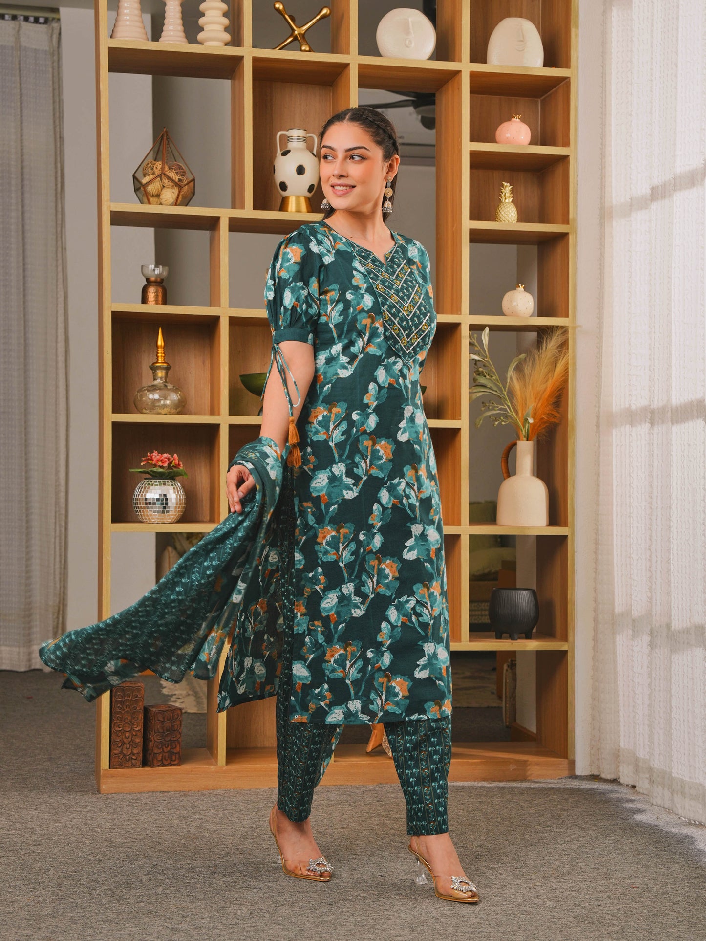 Embroidered Soft Cotton Floral Straight Teal Kurta