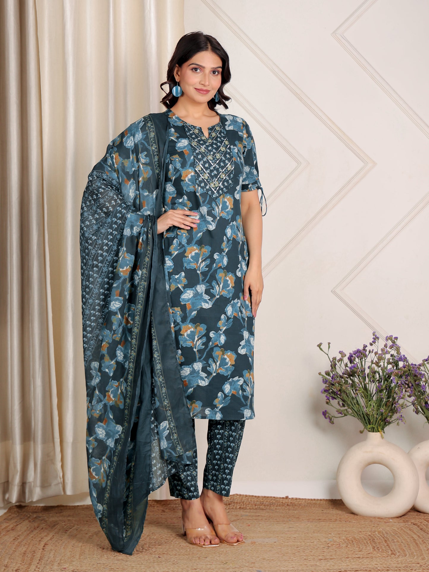 Embroidered Soft Cotton Floral Straight Teal Kurta
