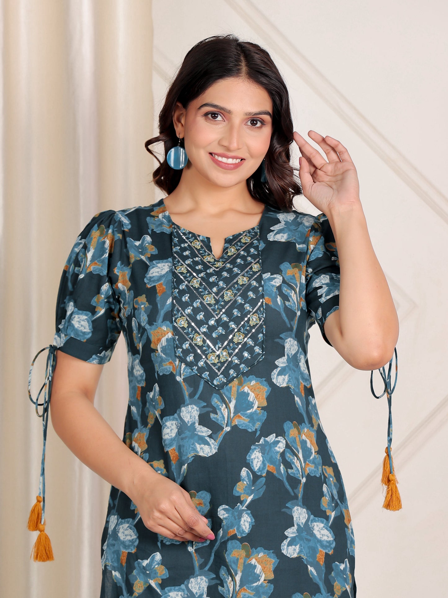Embroidered Soft Cotton Floral Straight Teal Kurta