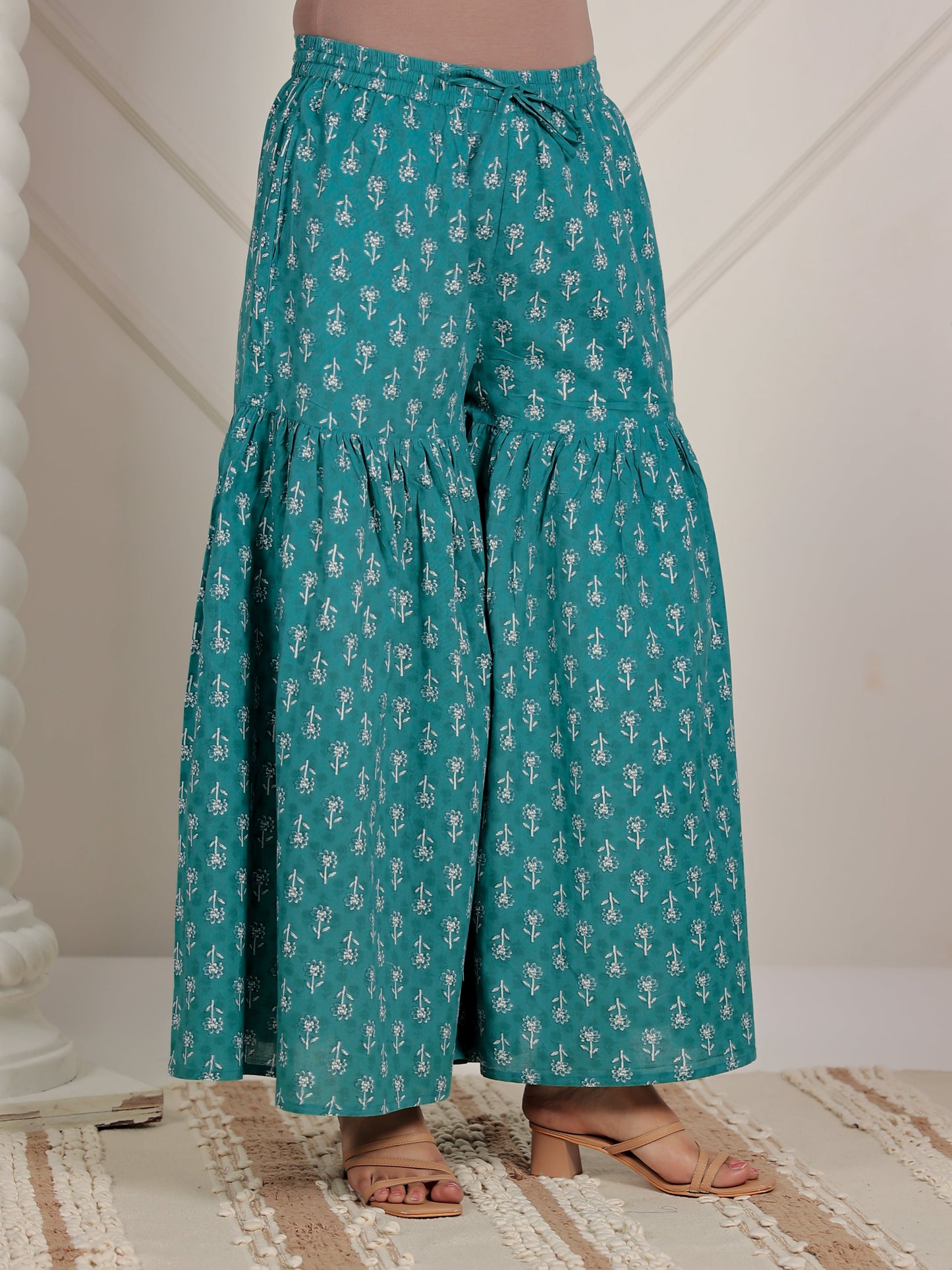 Embroidered Soft Cotton Floral Flared Green Kurta