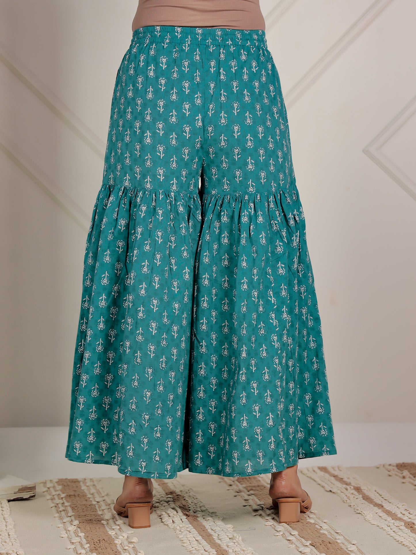 Embroidered Soft Cotton Floral Flared Green Kurta