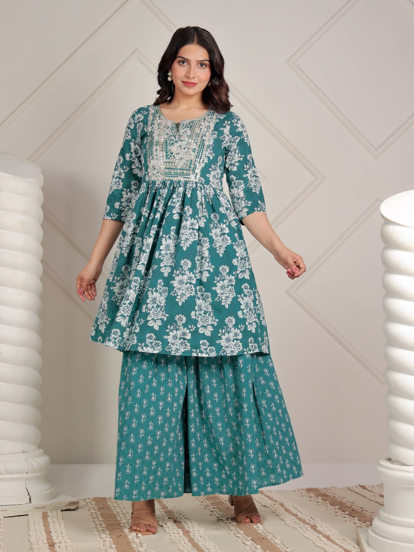 Embroidered Soft Cotton Floral Flared Green Kurta