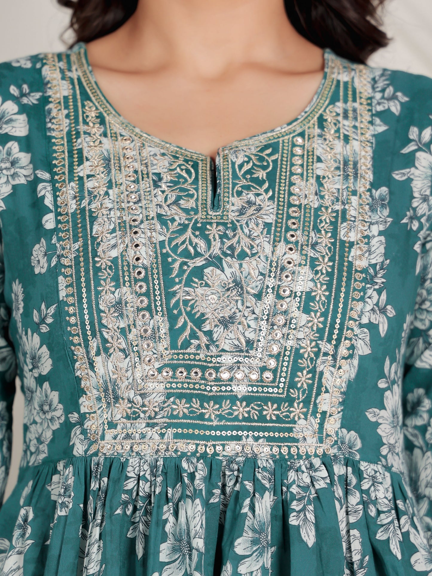 Embroidered Soft Cotton Floral Flared Green Kurta