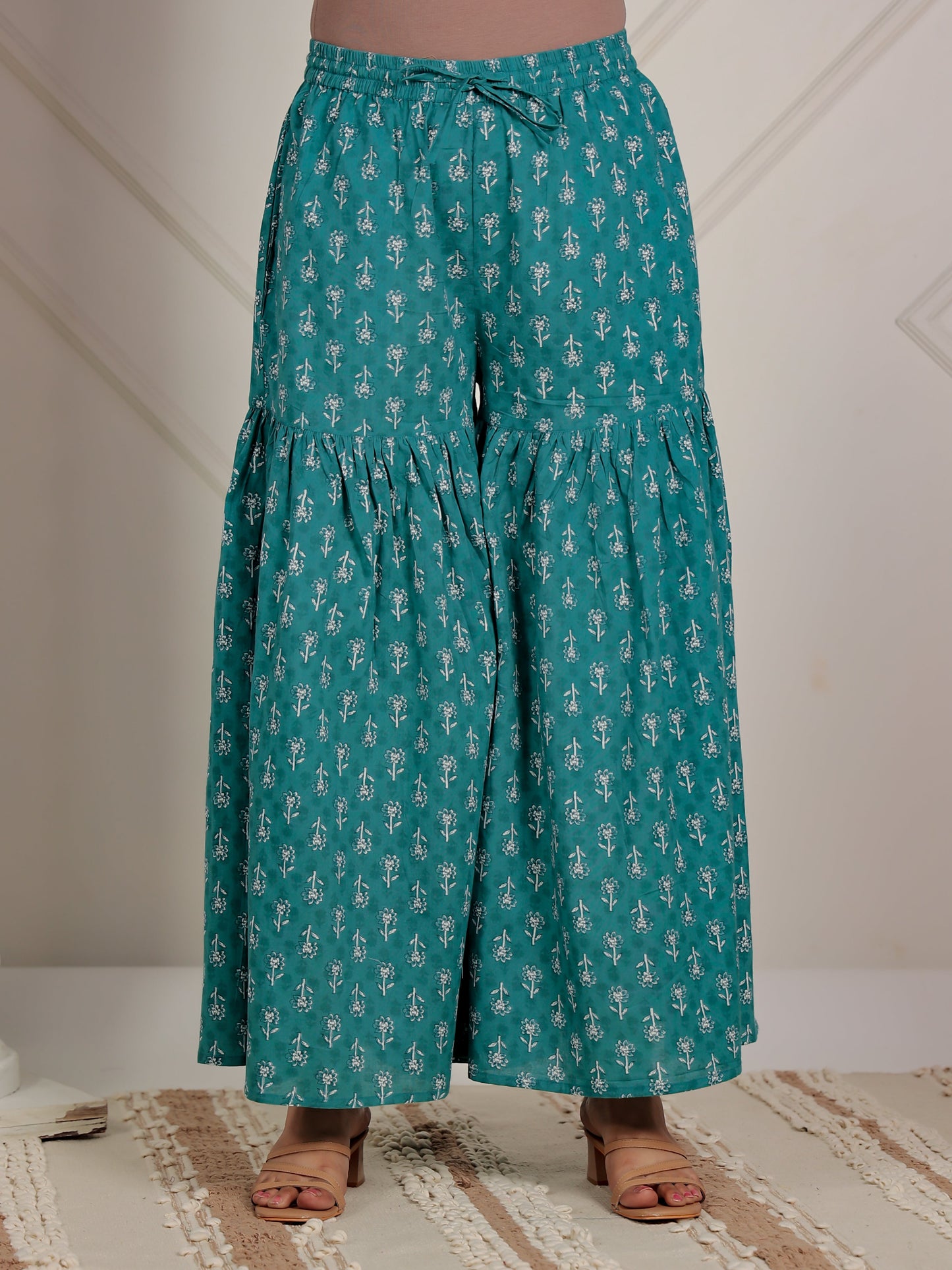 Embroidered Soft Cotton Floral Flared Green Kurta