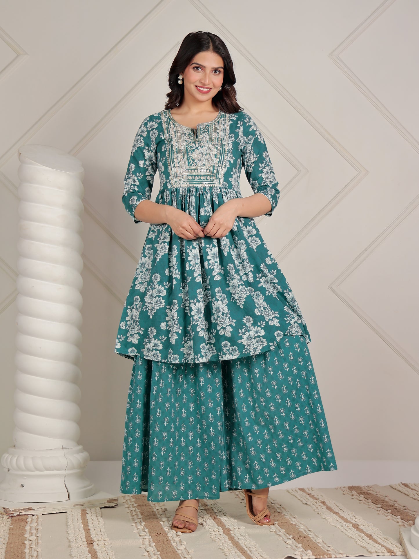 Embroidered Soft Cotton Floral Flared Green Kurta