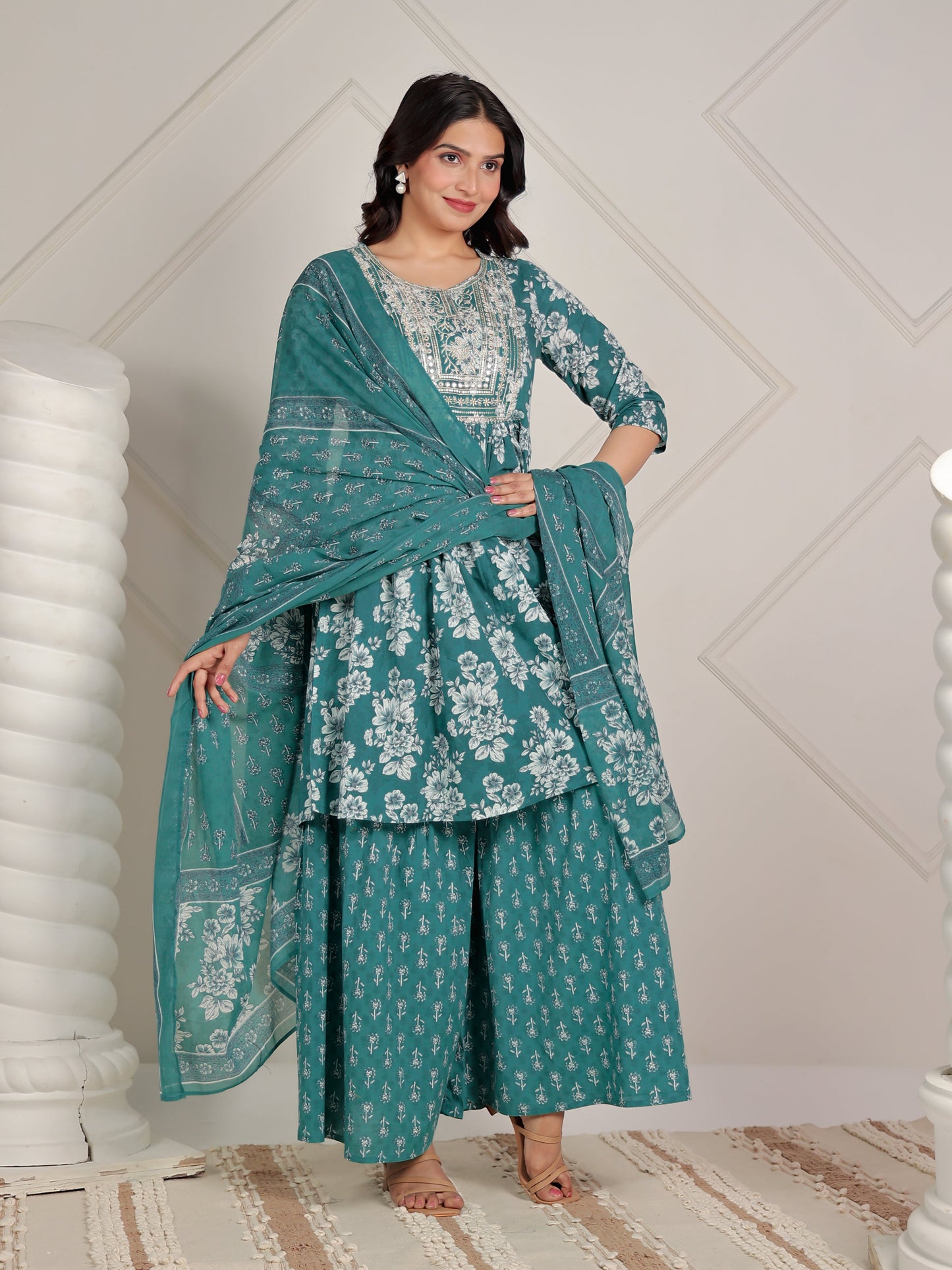 Embroidered Soft Cotton Floral Flared Green Kurta