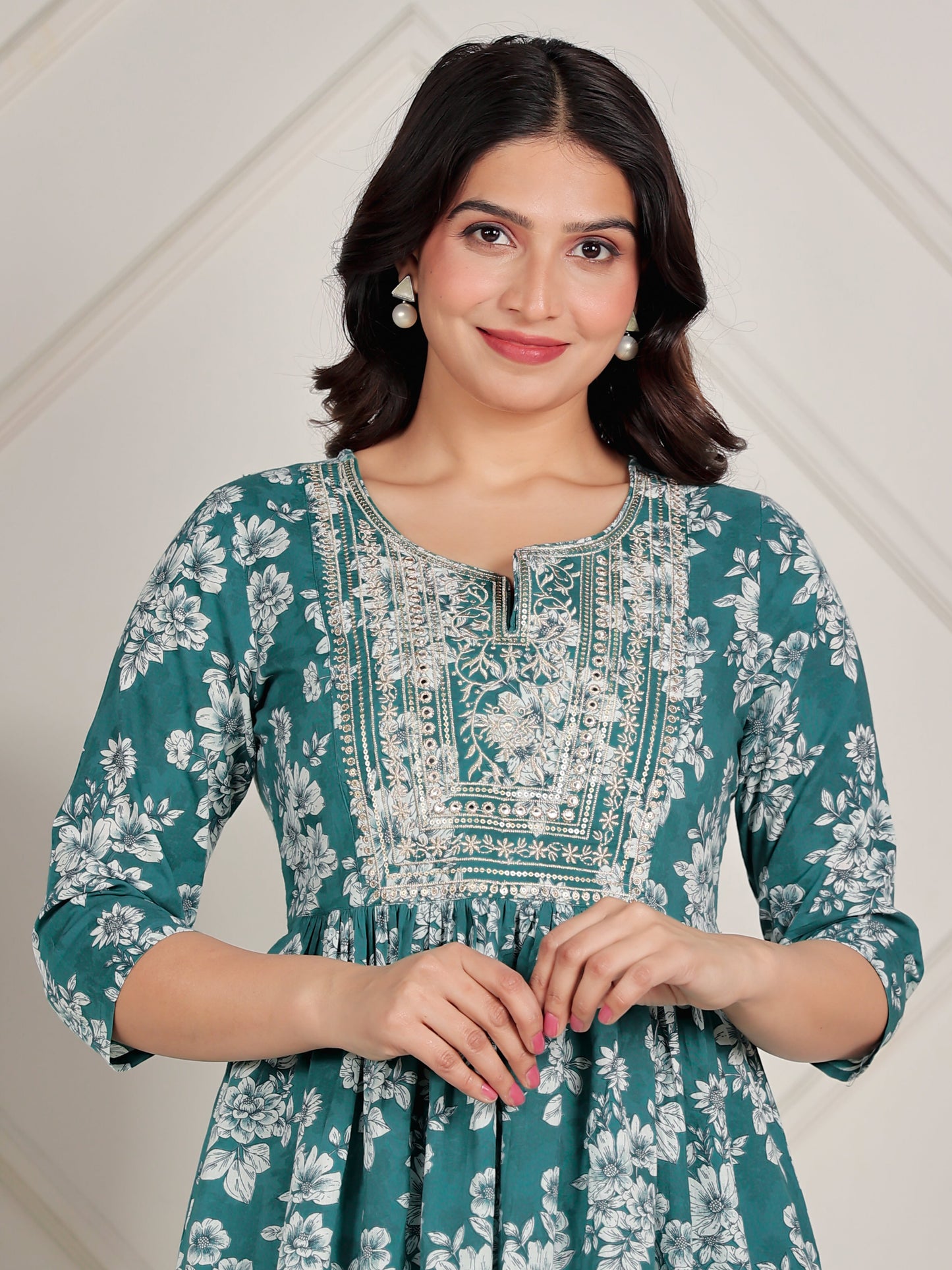 Embroidered Soft Cotton Floral Flared Green Kurta