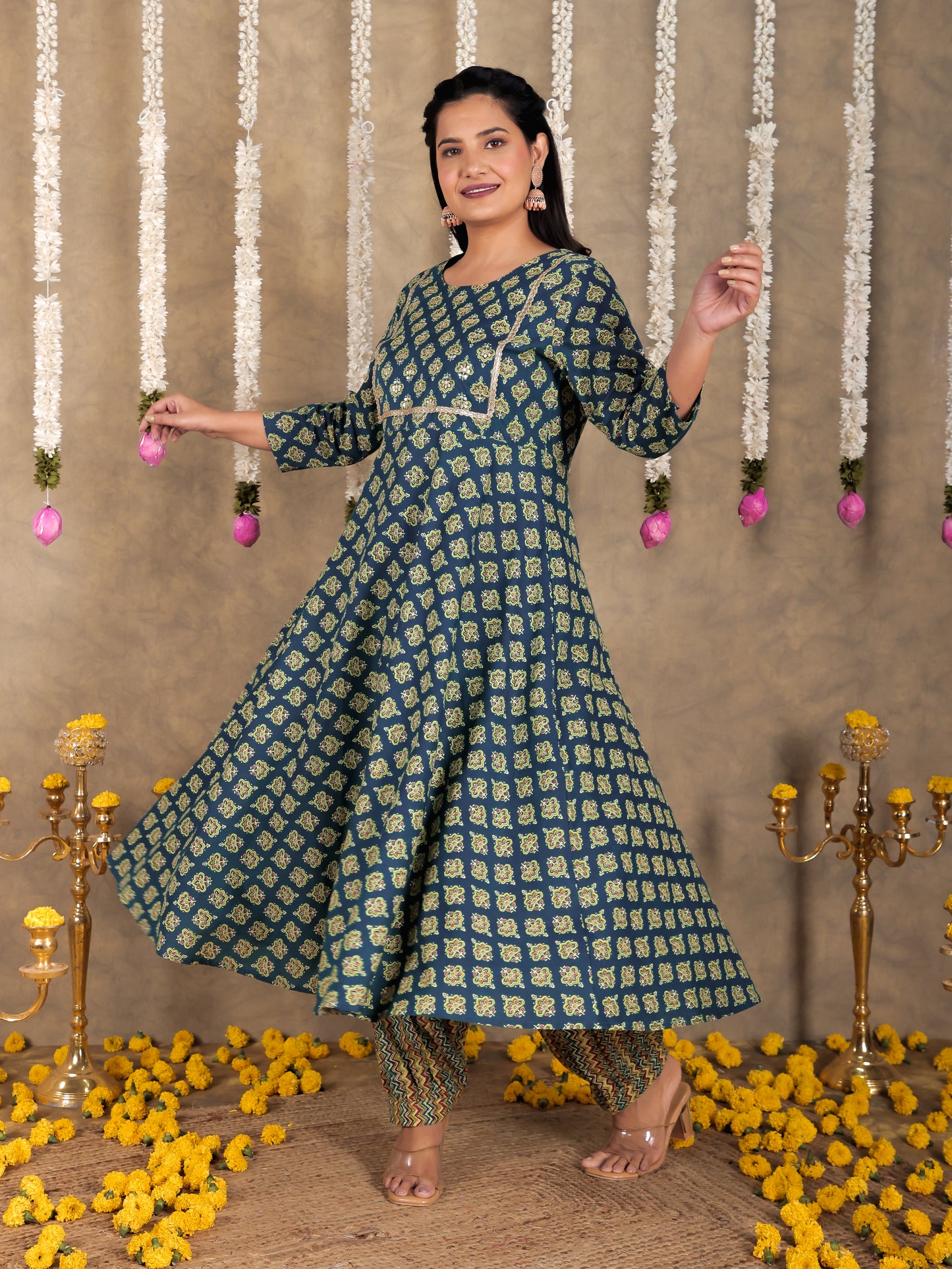 Embroidered Soft Cotton Butti Anarkali Green Kurta